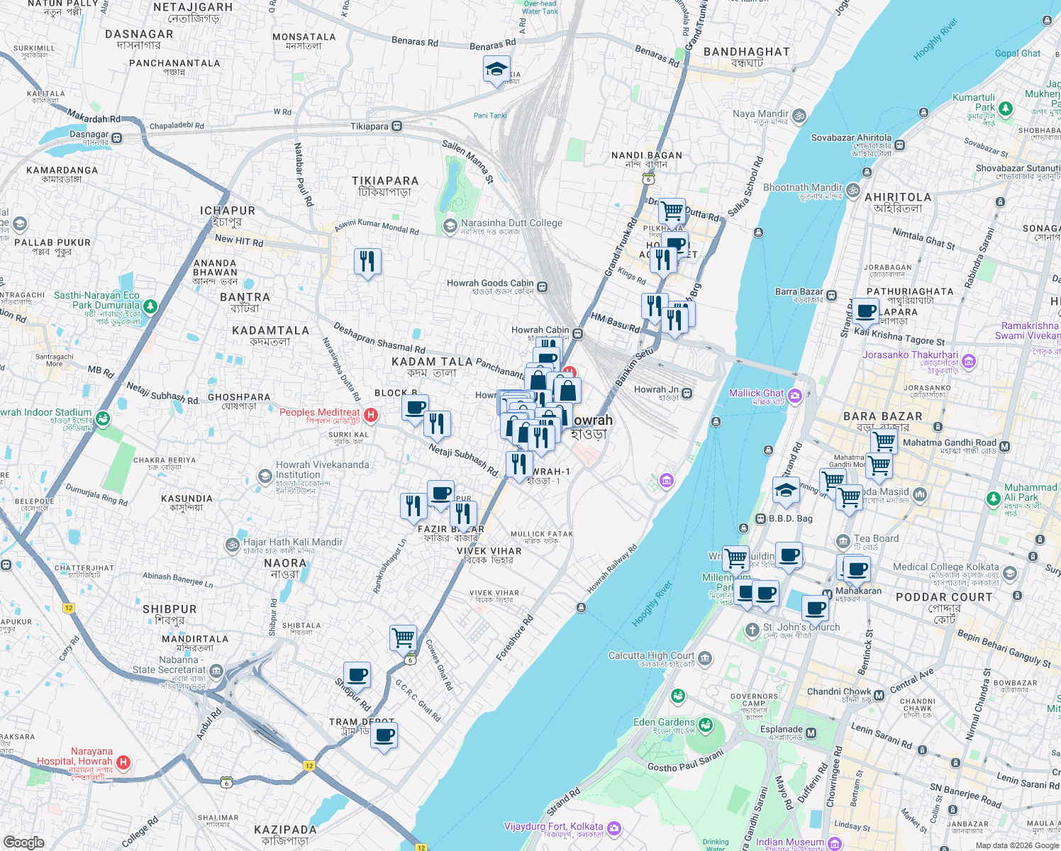 map of restaurants, bars, coffee shops, grocery stores, and more near Sadar Boxi Lane in Howrah