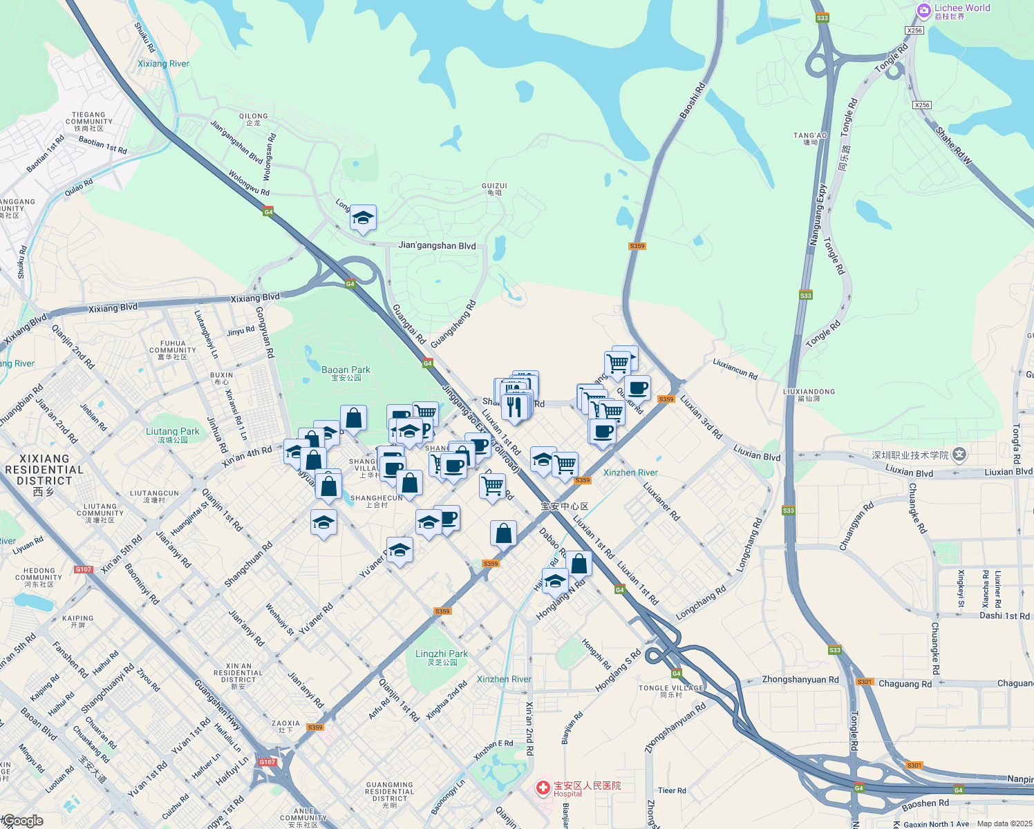 map of restaurants, bars, coffee shops, grocery stores, and more near Liuxian 1st Road 4th Alley in Shenzhen