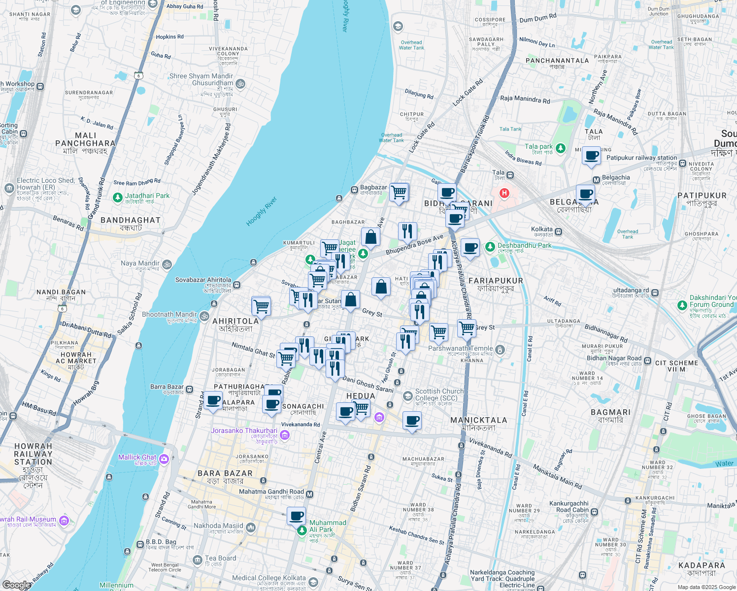 map of restaurants, bars, coffee shops, grocery stores, and more near Raja Naba Krishna Street in Kolkata