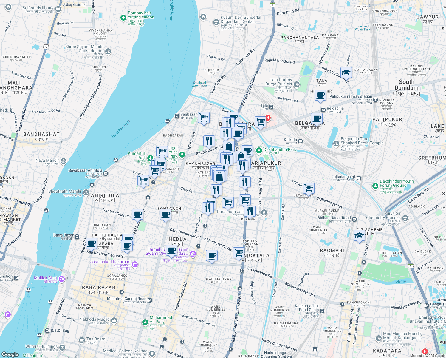 map of restaurants, bars, coffee shops, grocery stores, and more near Kirti Mitra Lane in Kolkata