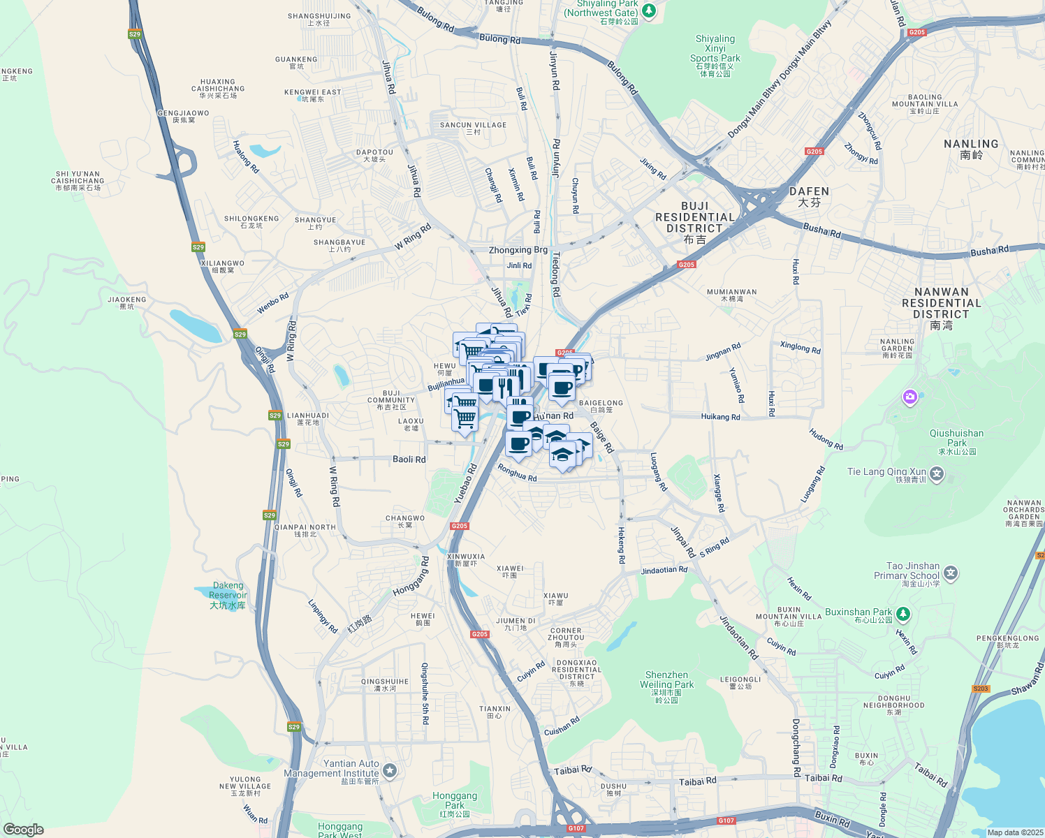 map of restaurants, bars, coffee shops, grocery stores, and more near Bu Ji Lu in Shen Zhen Shi