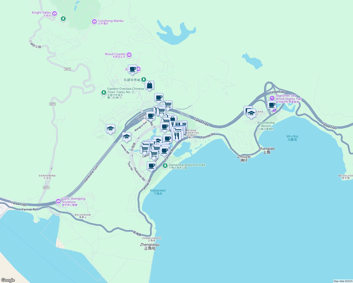 map of restaurants, bars, coffee shops, grocery stores, and more near 90 Yan Mei Lu in Shen Zhen Shi