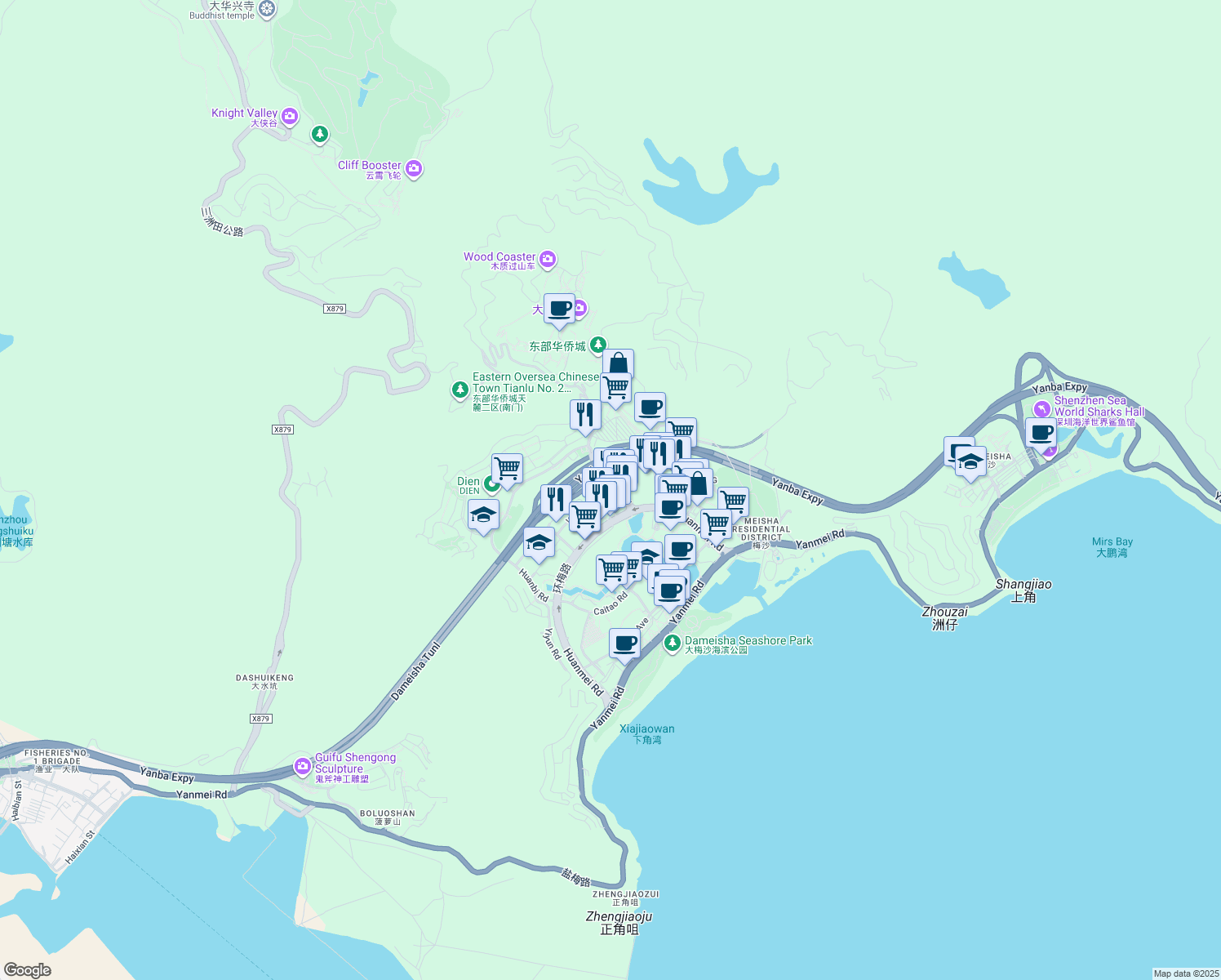 map of restaurants, bars, coffee shops, grocery stores, and more near Yanba Expressway Entrance in Shenzhen