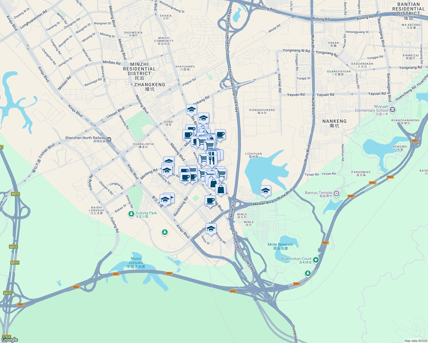 map of restaurants, bars, coffee shops, grocery stores, and more near in Shenzhen