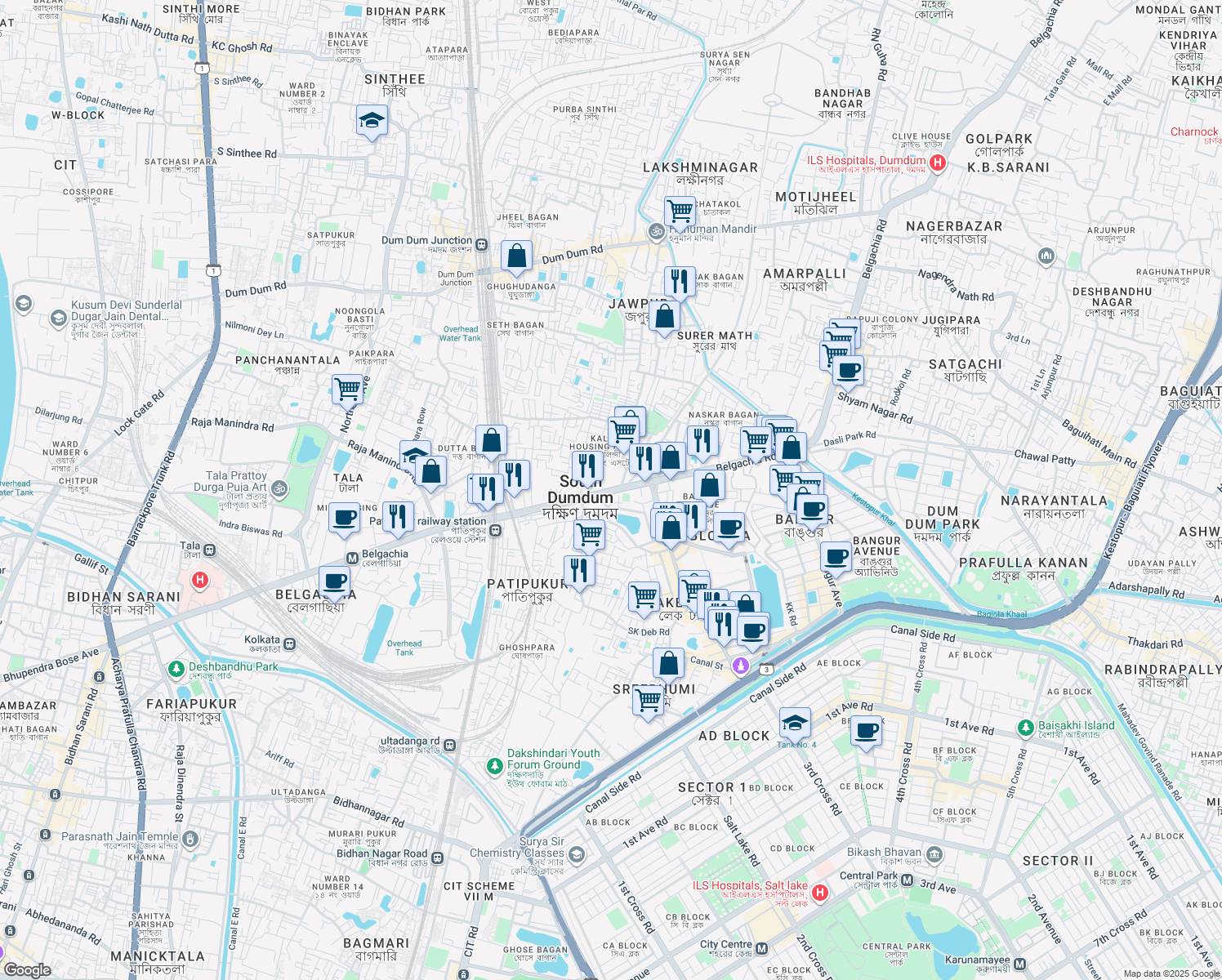 map of restaurants, bars, coffee shops, grocery stores, and more near Khudiram Bose Road in Kolkata