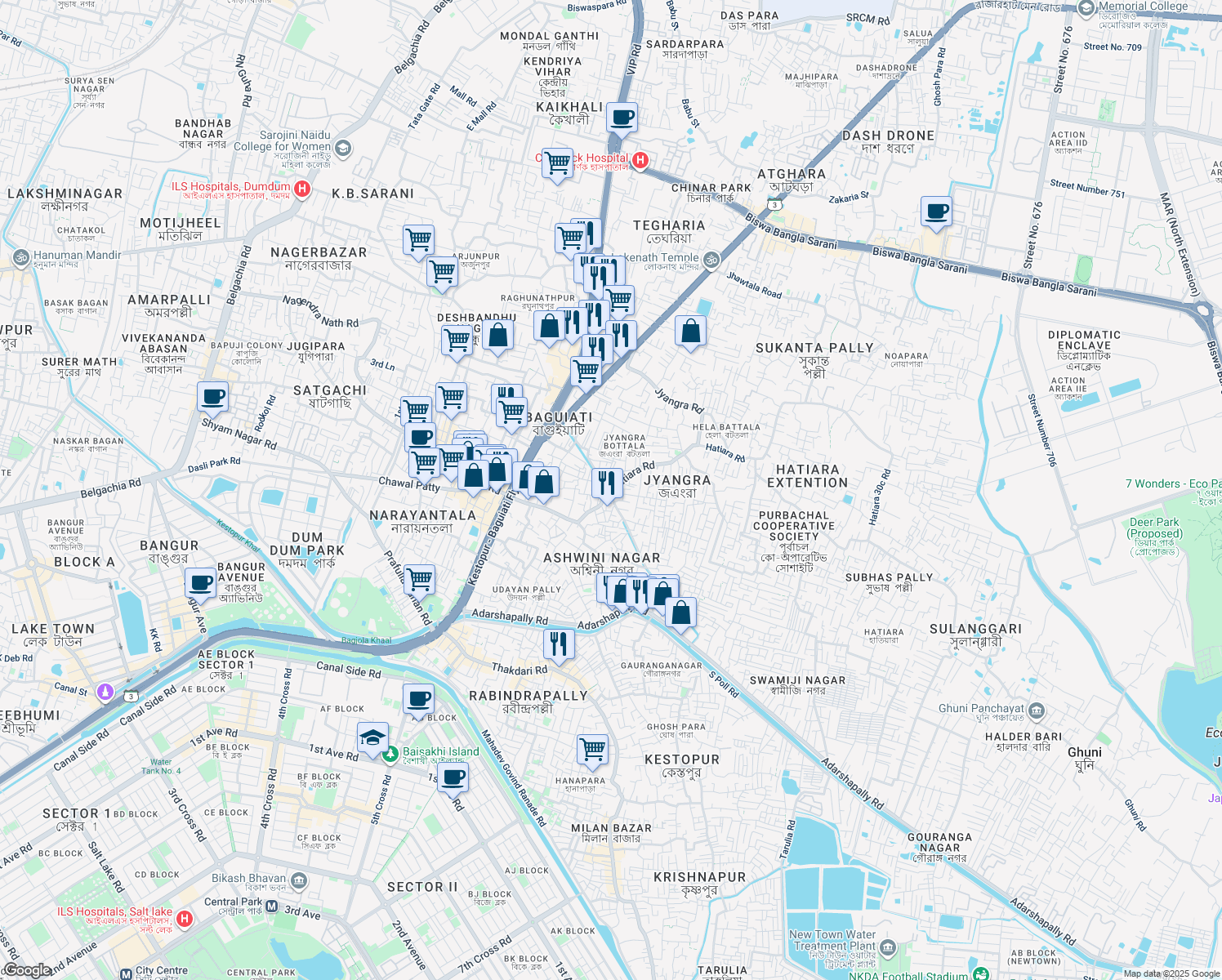 map of restaurants, bars, coffee shops, grocery stores, and more near Zarda Bagan, Baguiati in Kolkata