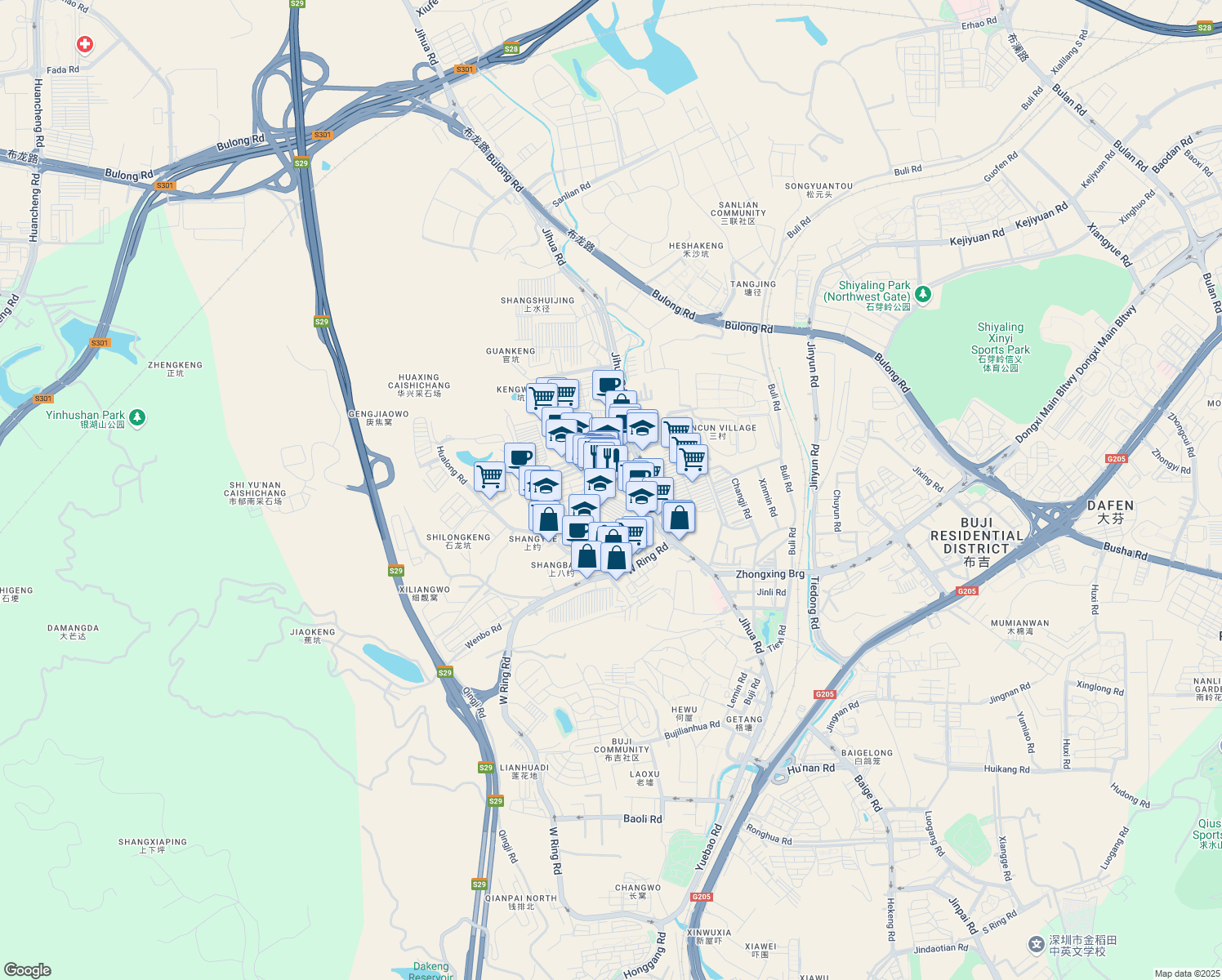 map of restaurants, bars, coffee shops, grocery stores, and more near Long Xiang Da Dao in Shen Zhen Shi