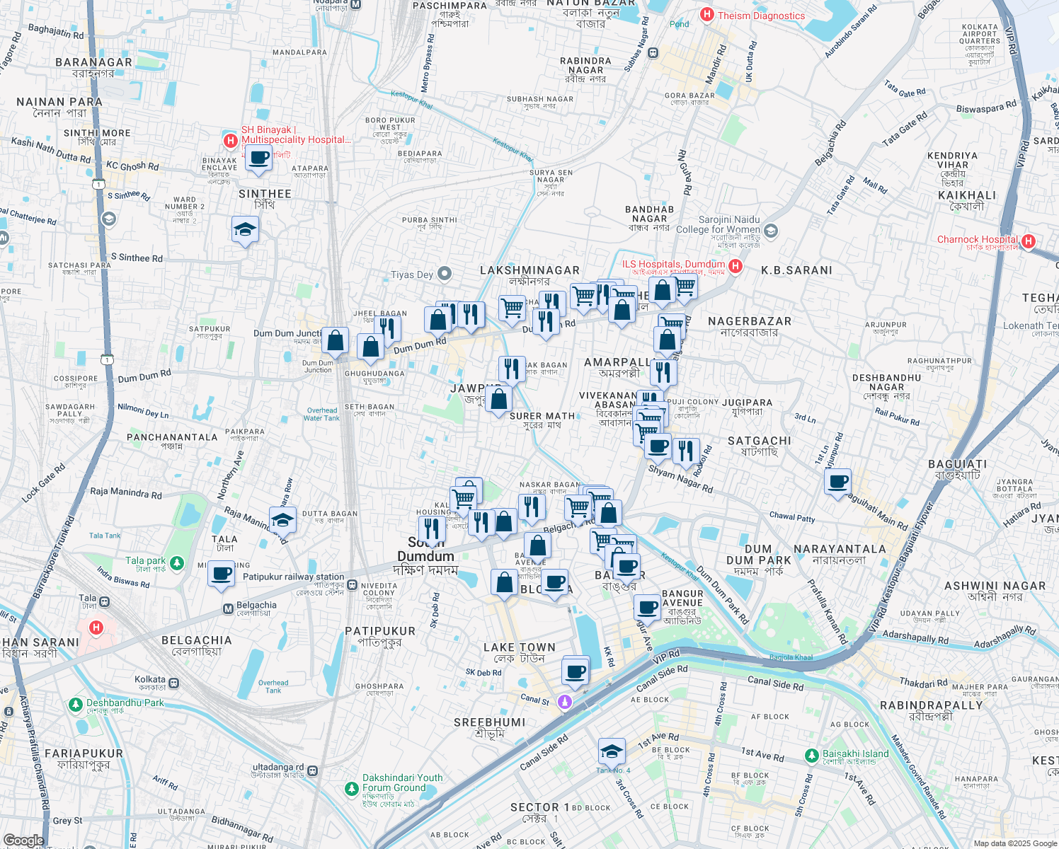 map of restaurants, bars, coffee shops, grocery stores, and more near 884 Sahid Hemant Kumar Basu Sarani in Kolkata