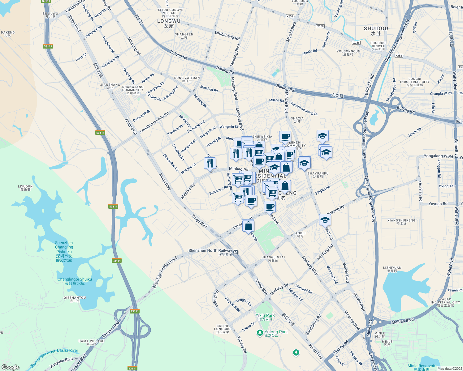 map of restaurants, bars, coffee shops, grocery stores, and more near Min Tang Lu in Shen Zhen Shi