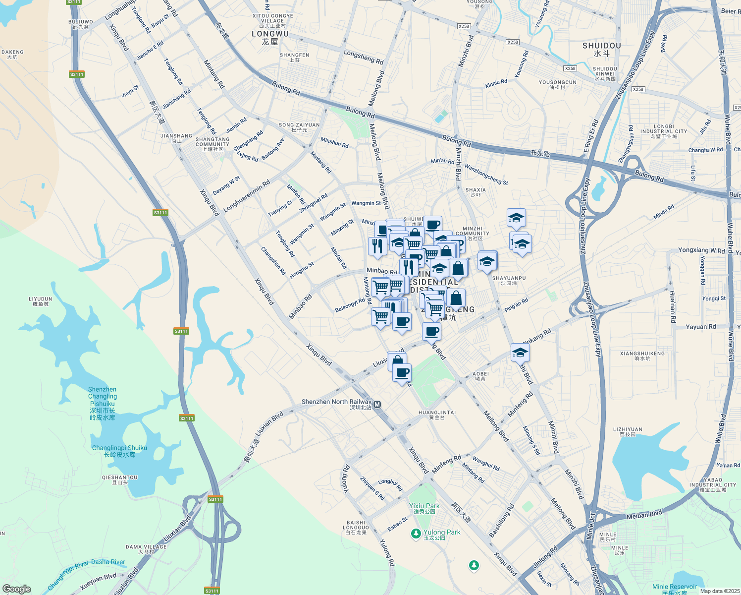 map of restaurants, bars, coffee shops, grocery stores, and more near Min Tang Lu in Shen Zhen Shi
