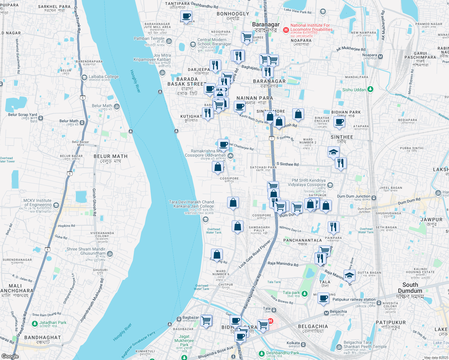 map of restaurants, bars, coffee shops, grocery stores, and more near 28 Jheel Road in Kolkata