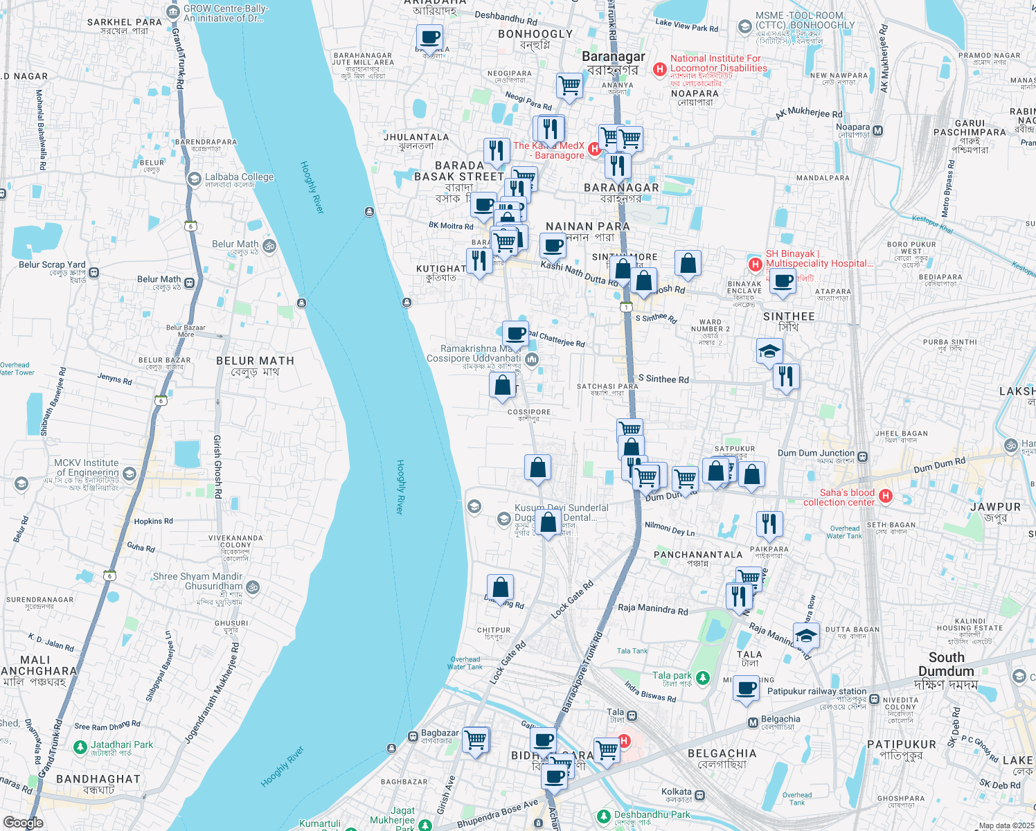 map of restaurants, bars, coffee shops, grocery stores, and more near 28 Jheel Road in Kolkata