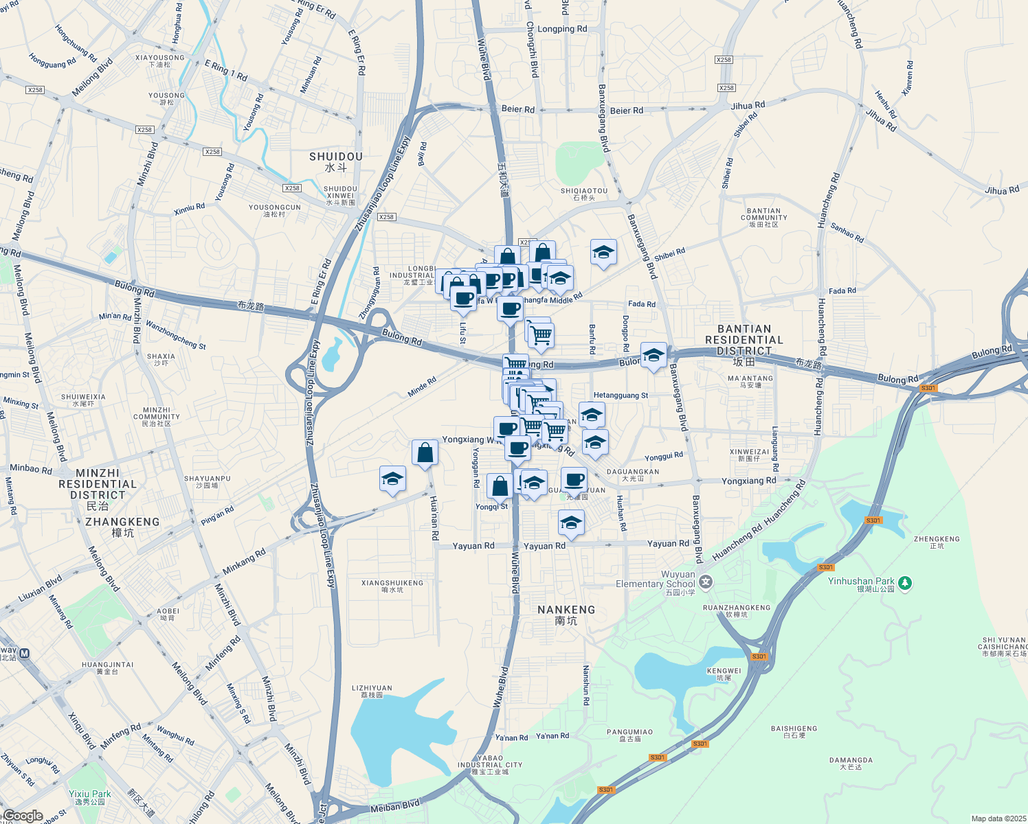 map of restaurants, bars, coffee shops, grocery stores, and more near Wu He Da Dao in Shenzhen Shi