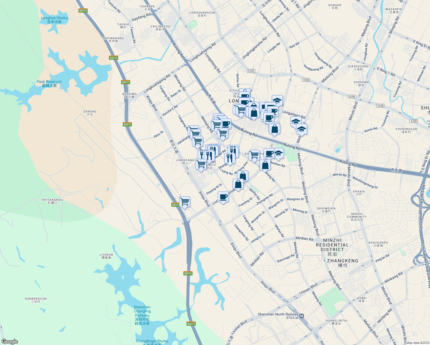 map of restaurants, bars, coffee shops, grocery stores, and more near Teng Long Lu in Shen Zhen Shi