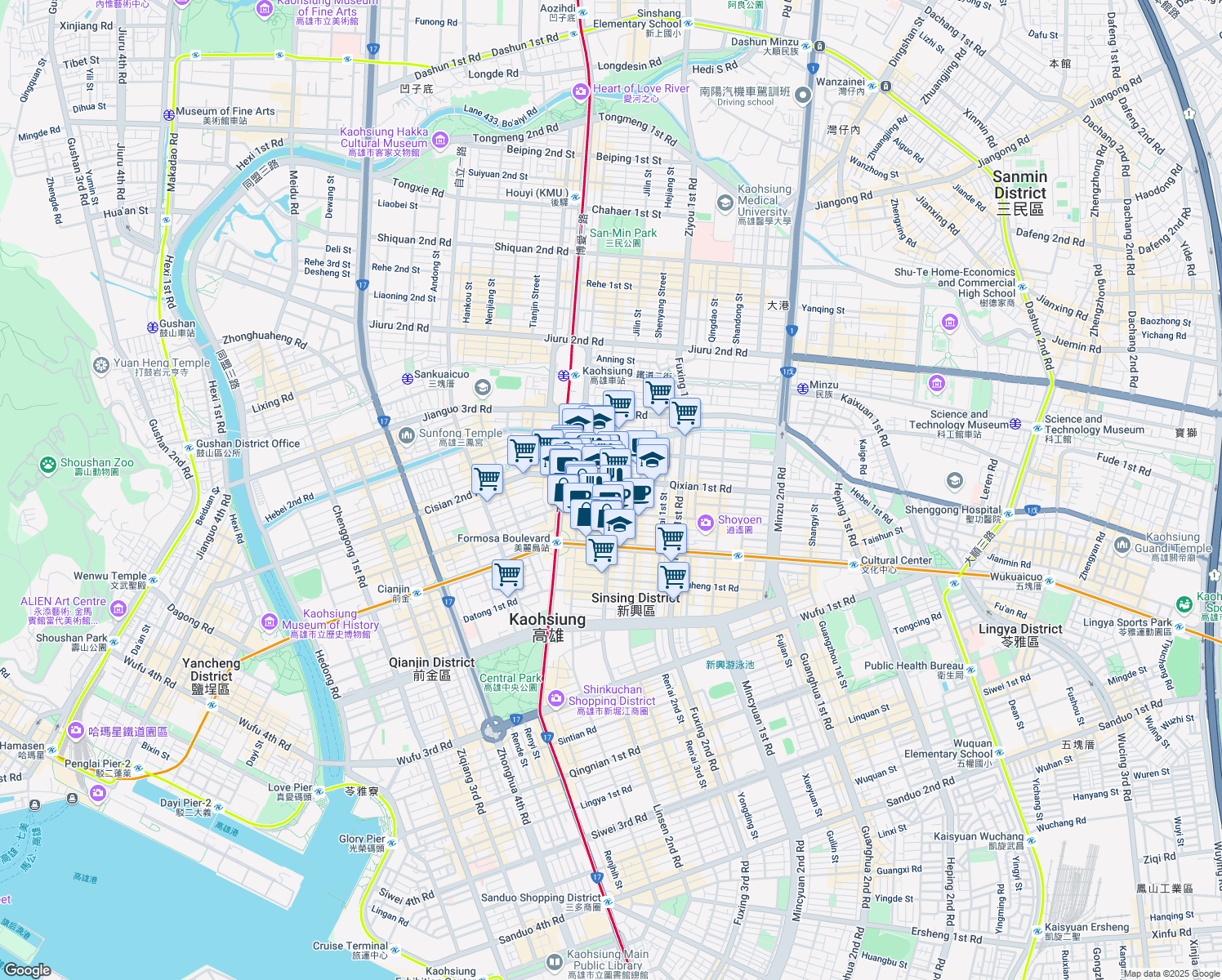 map of restaurants, bars, coffee shops, grocery stores, and more near 233 Linsen 1st Road in Sinsing District
