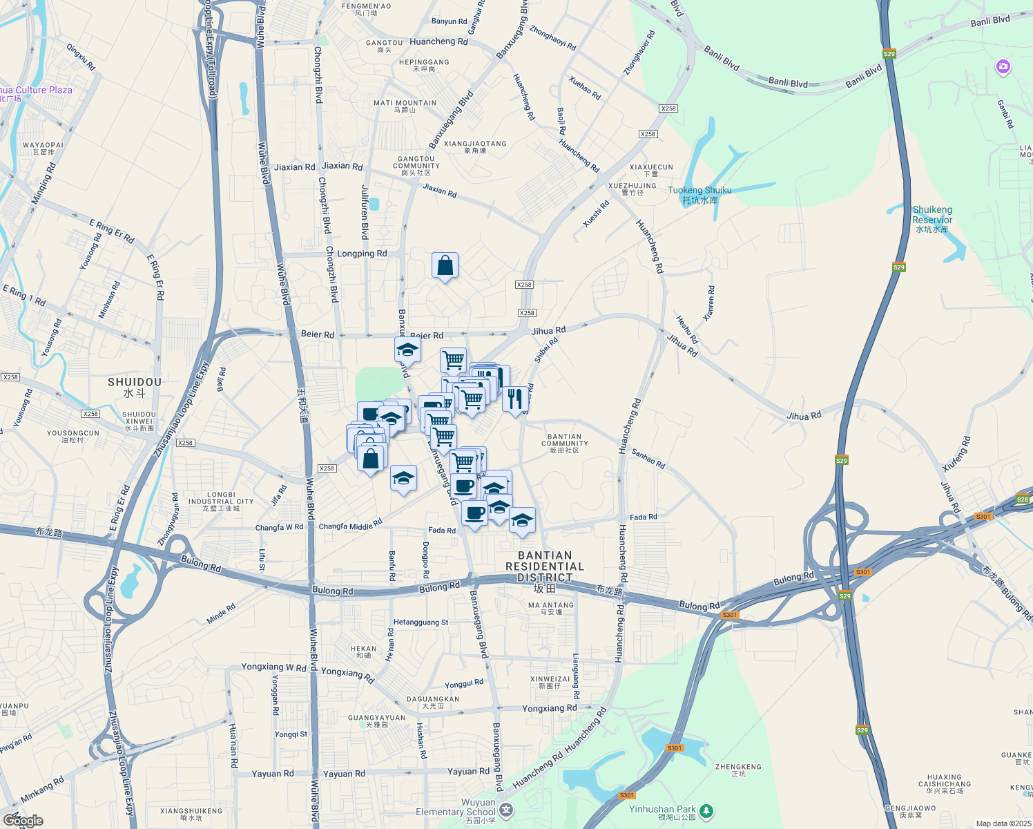 map of restaurants, bars, coffee shops, grocery stores, and more near Ban Tian Guang Chang Lu in Shen Zhen Shi