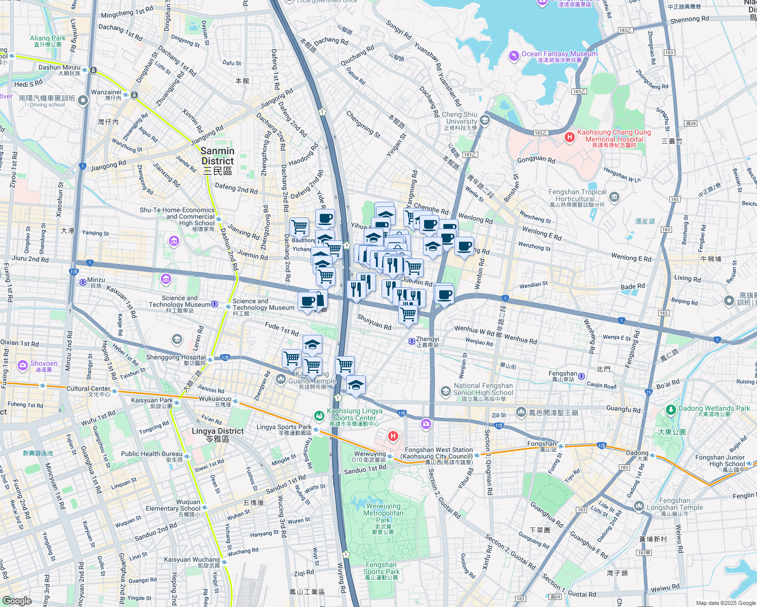 map of restaurants, bars, coffee shops, grocery stores, and more near 156 Jiuru 1st Road in Sanmin District