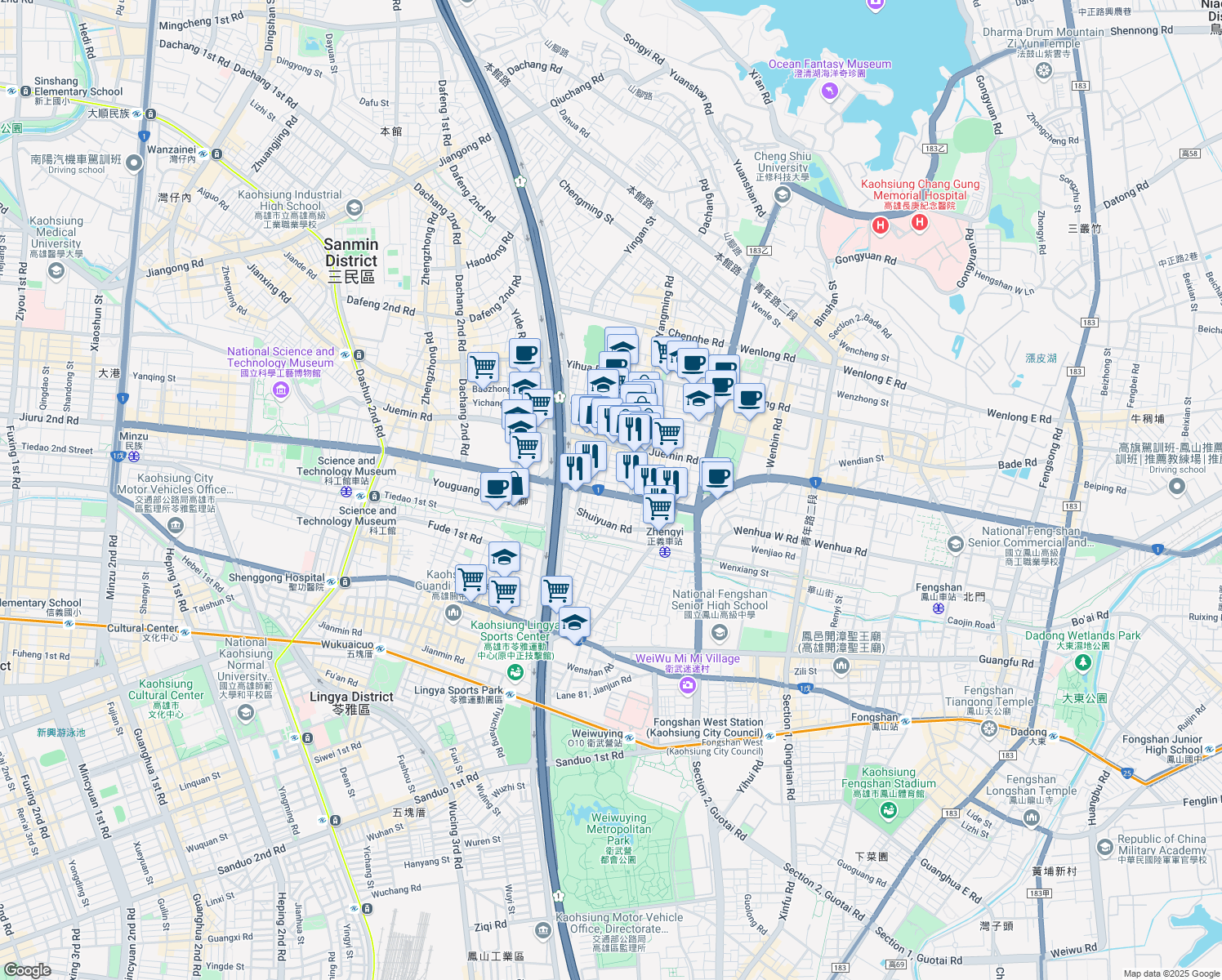 map of restaurants, bars, coffee shops, grocery stores, and more near 156 Jiuru 1st Road in Sanmin District
