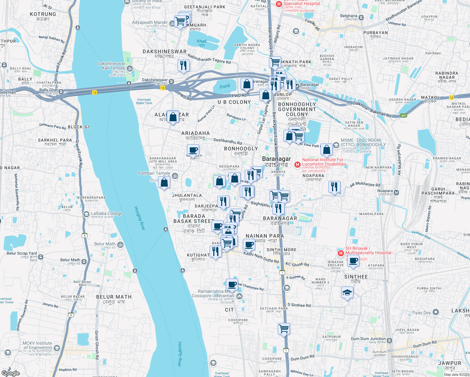 map of restaurants, bars, coffee shops, grocery stores, and more near Sashi Bhushan Neogi Garden Lane in Kolkata