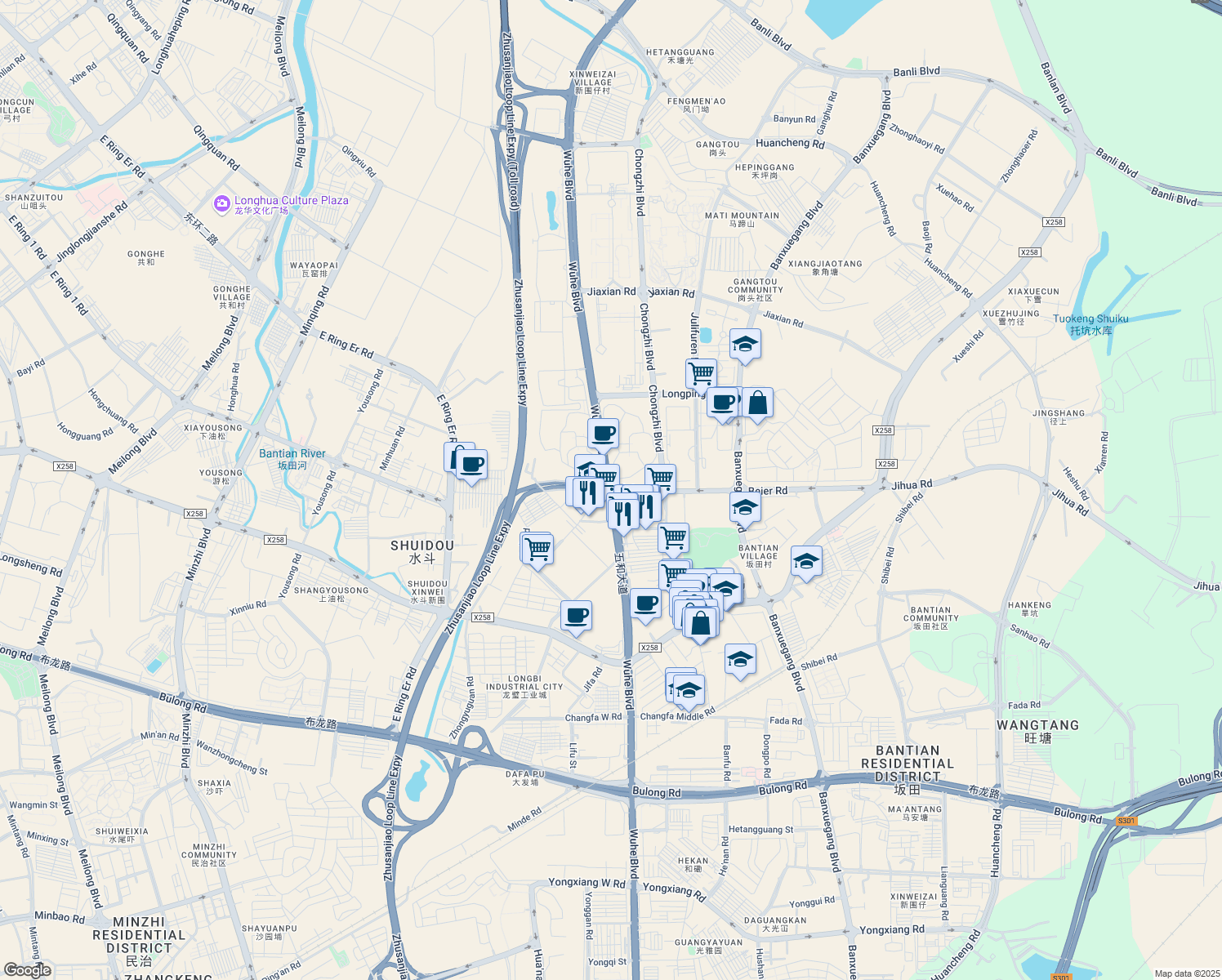 map of restaurants, bars, coffee shops, grocery stores, and more near Wu He Da Dao in Shenzhen Shi