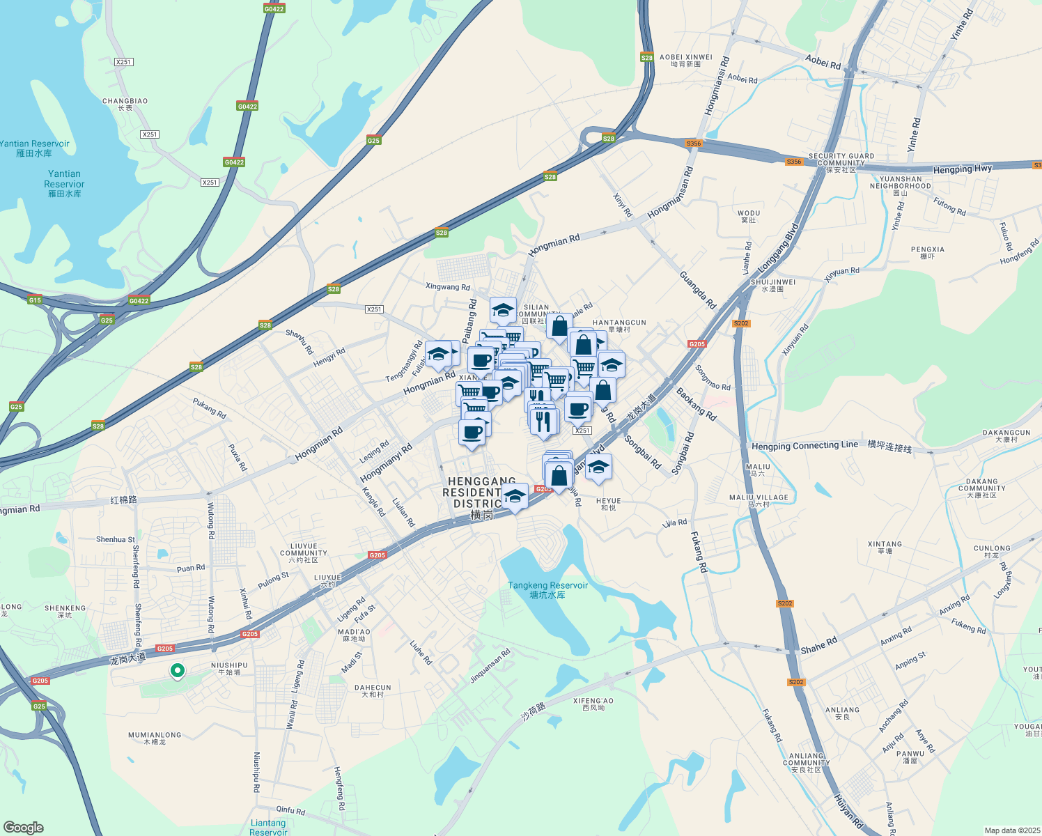 map of restaurants, bars, coffee shops, grocery stores, and more near Xin Xing Jie in Shen Zhen Shi
