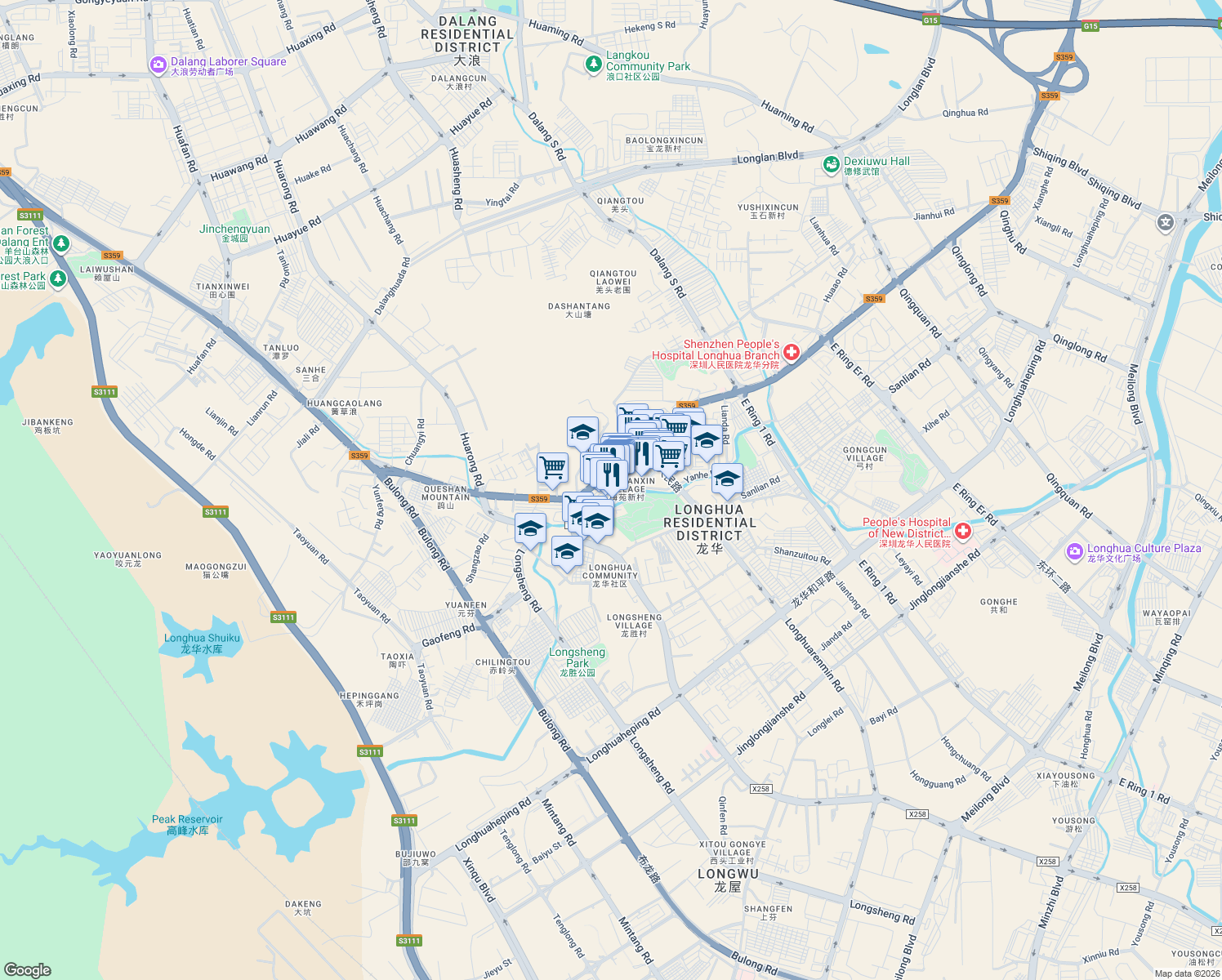 map of restaurants, bars, coffee shops, grocery stores, and more near Rong Chang Jie in Shenzhen Shi