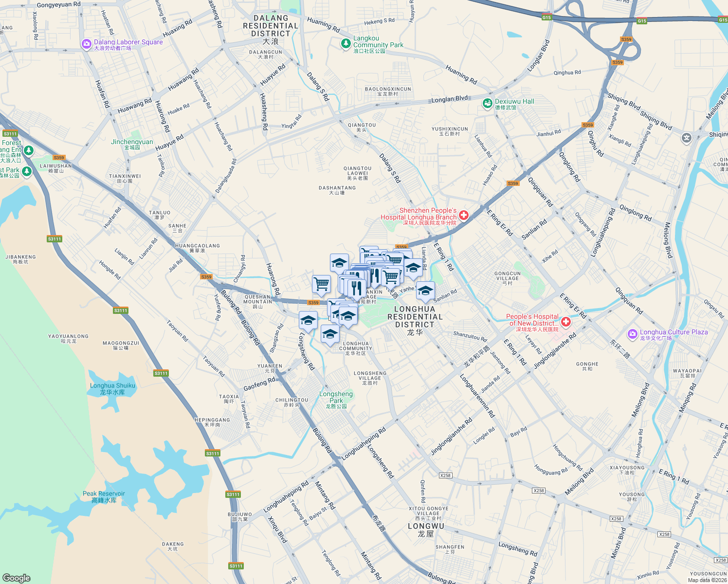 map of restaurants, bars, coffee shops, grocery stores, and more near Rong Chang Jie in Shenzhen Shi