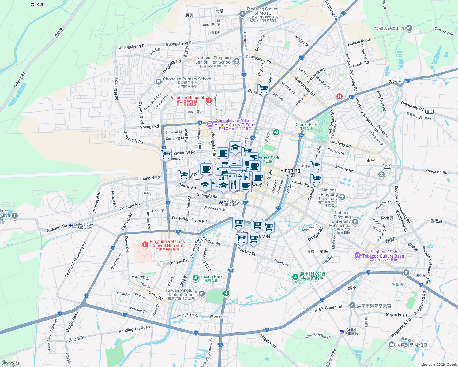 map of restaurants, bars, coffee shops, grocery stores, and more near 9 Yongfu Road in Pingtung City