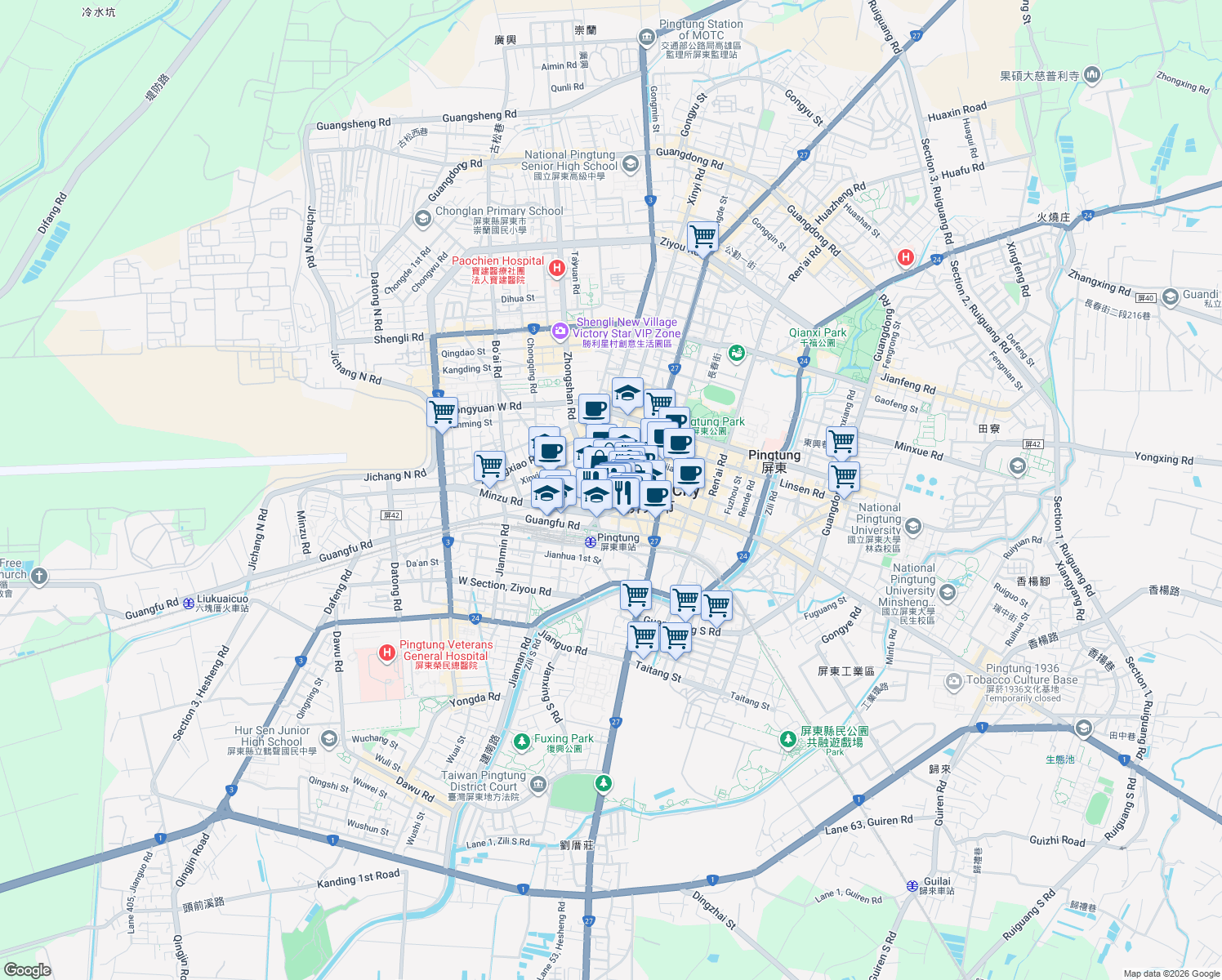 map of restaurants, bars, coffee shops, grocery stores, and more near 9 Yongfu Road in Pingtung City