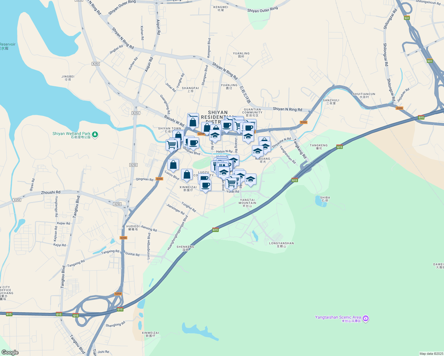 map of restaurants, bars, coffee shops, grocery stores, and more near 39 Shi Yan Da Dao in Shen Zhen Shi