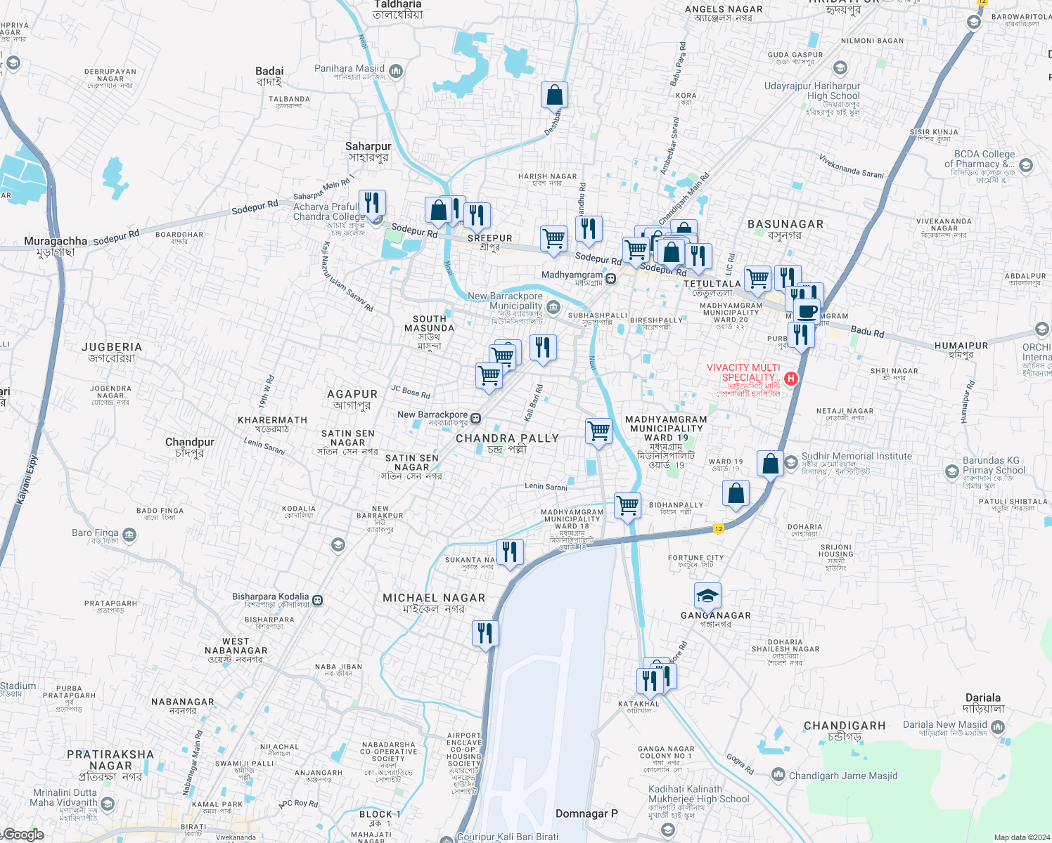 map of restaurants, bars, coffee shops, grocery stores, and more near Kali Bari Road in Kolkata
