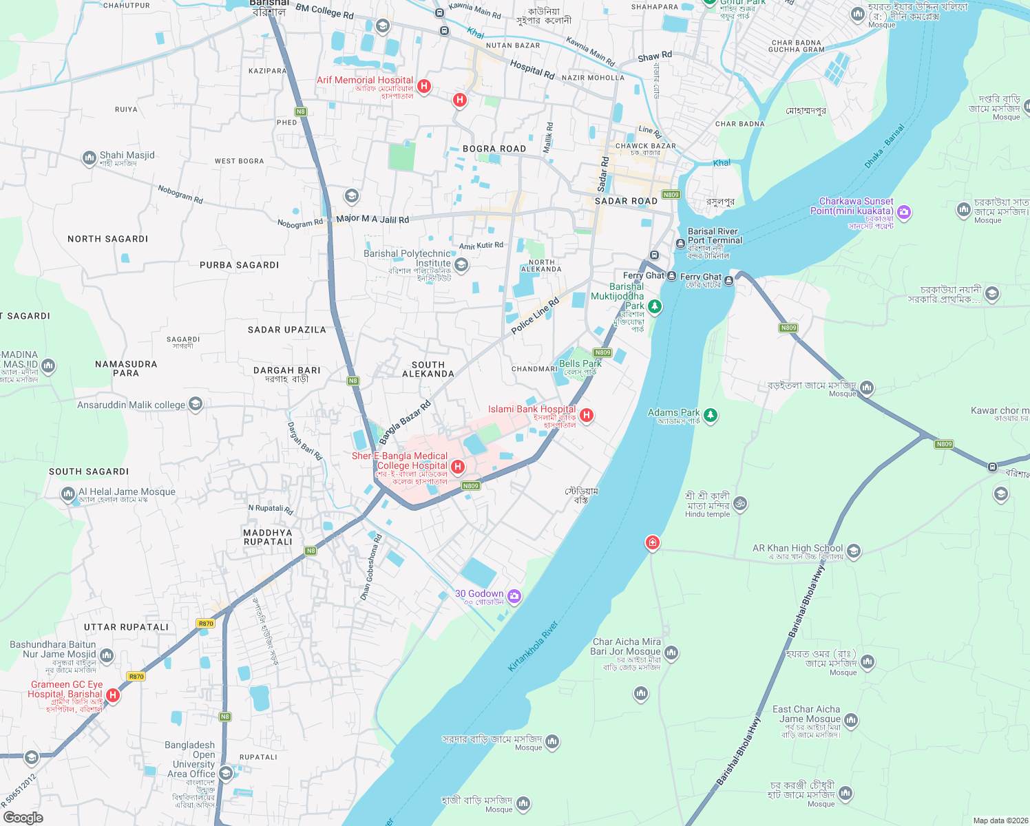 map of restaurants, bars, coffee shops, grocery stores, and more near Baptist Mission Road in Barisal