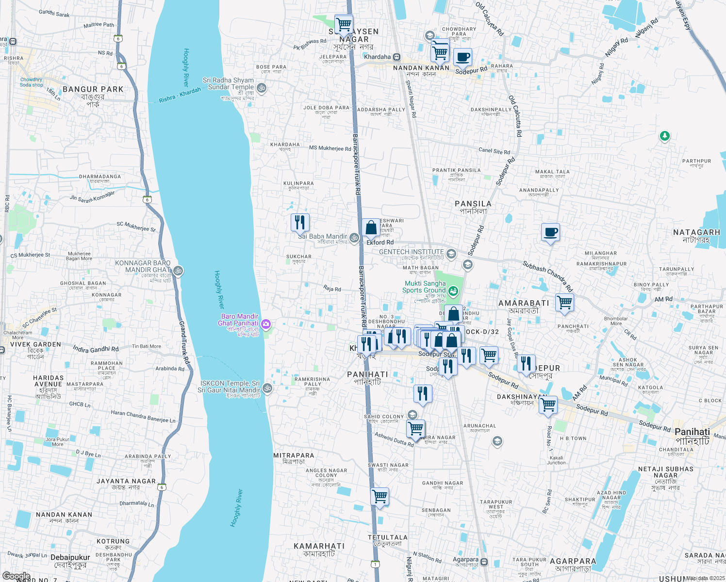 map of restaurants, bars, coffee shops, grocery stores, and more near Barrackpore Trunk Road in Kolkata