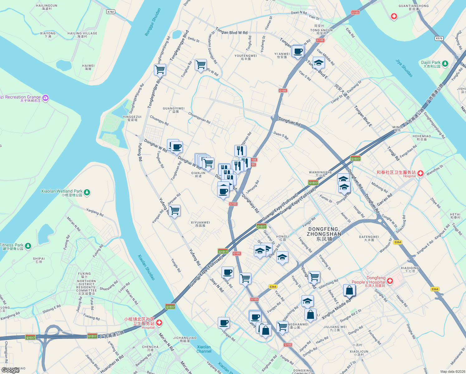 map of restaurants, bars, coffee shops, grocery stores, and more near An Yuan Lu in Zhong Shan Shi