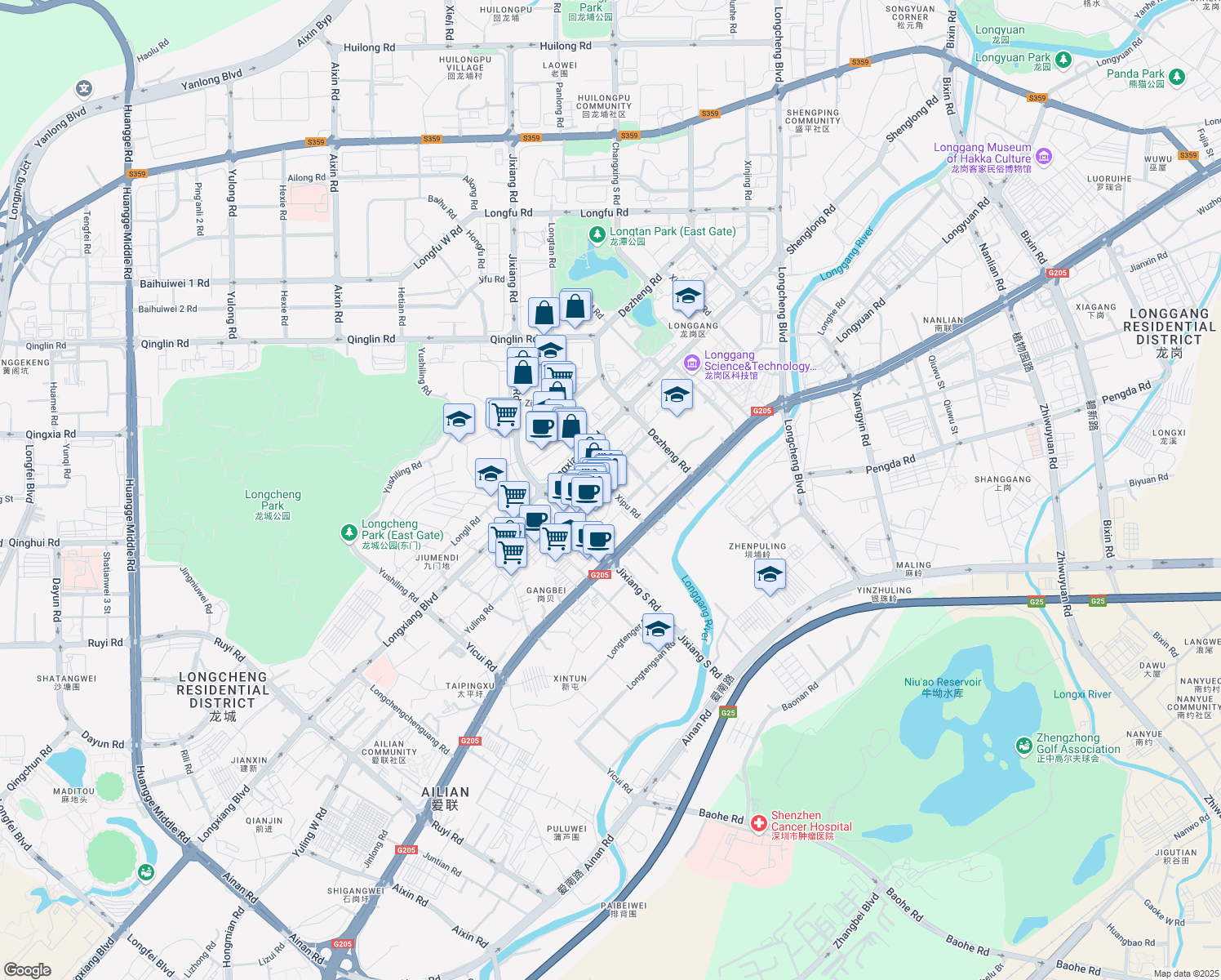 map of restaurants, bars, coffee shops, grocery stores, and more near Xi Pu Lu in Shen Zhen Shi