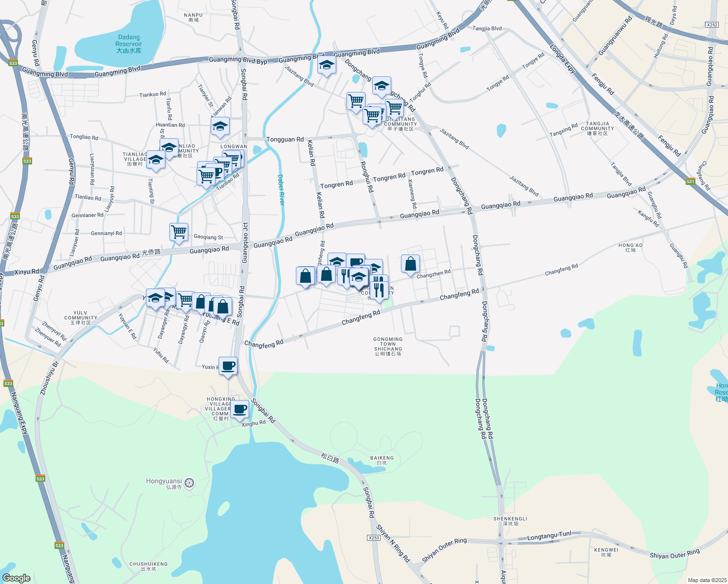map of restaurants, bars, coffee shops, grocery stores, and more near Chang Zhen Lu in Shen Zhen Shi
