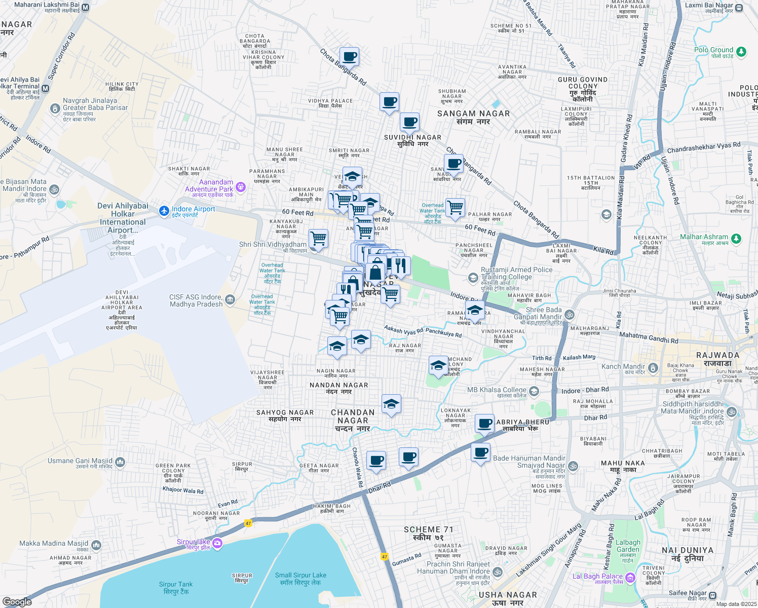 map of restaurants, bars, coffee shops, grocery stores, and more near 562 Kalani Nagar in Indore