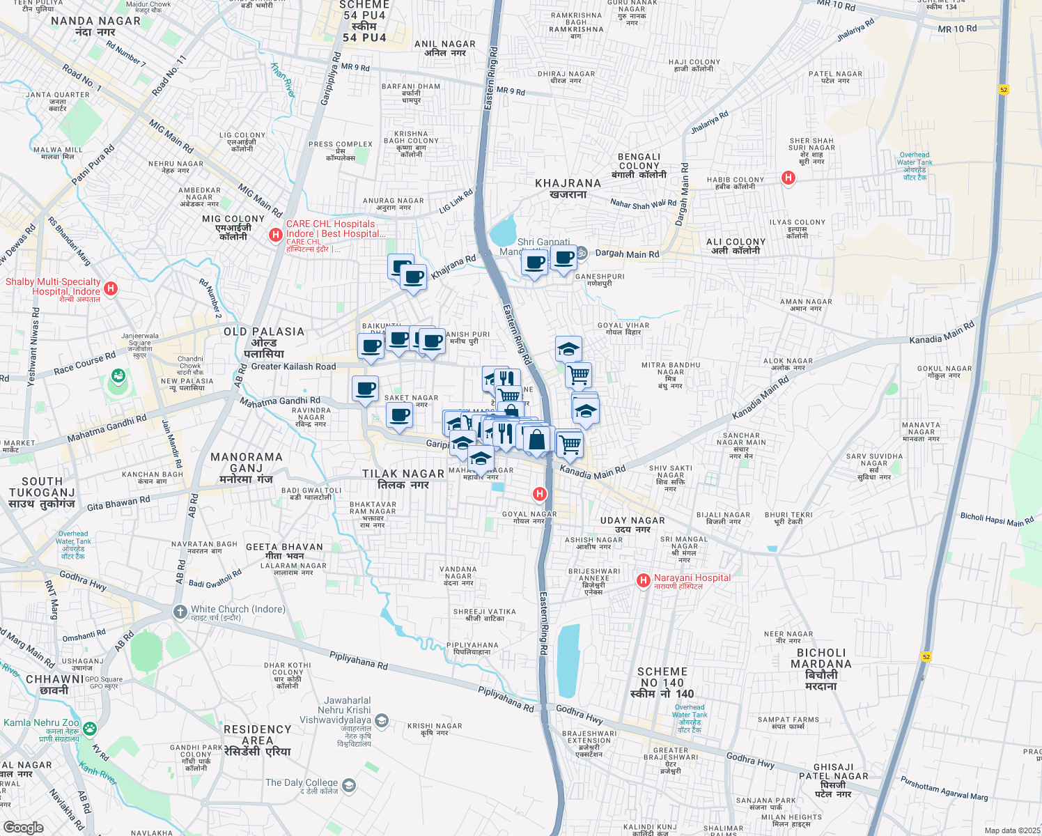 map of restaurants, bars, coffee shops, grocery stores, and more near Kanadia Road in Indore
