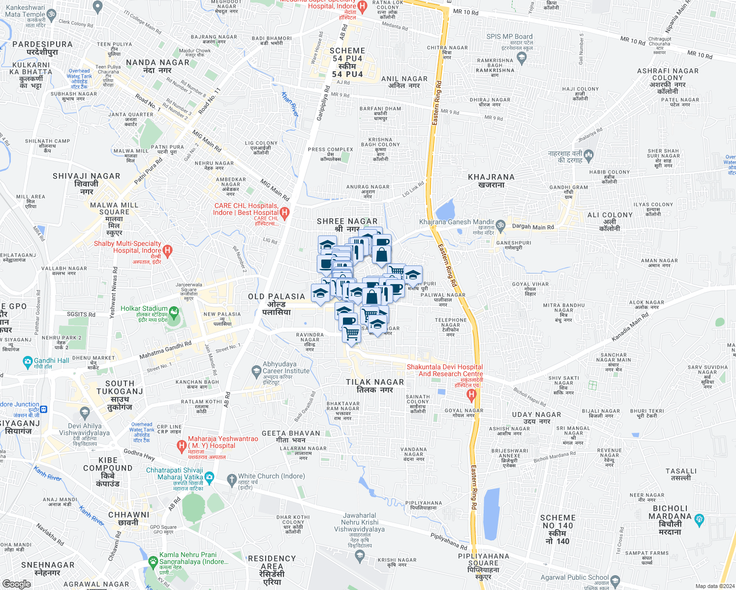 map of restaurants, bars, coffee shops, grocery stores, and more near in Indore