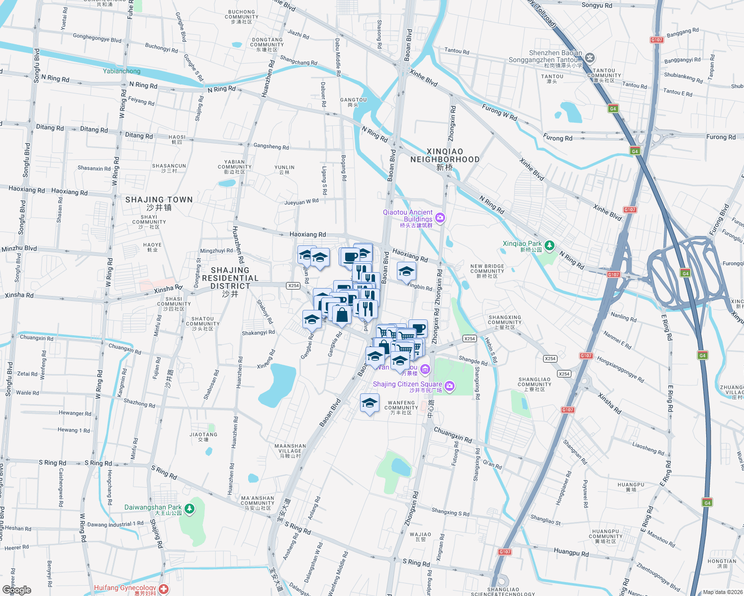 map of restaurants, bars, coffee shops, grocery stores, and more near Jin Gang Jie in Shen Zhen Shi