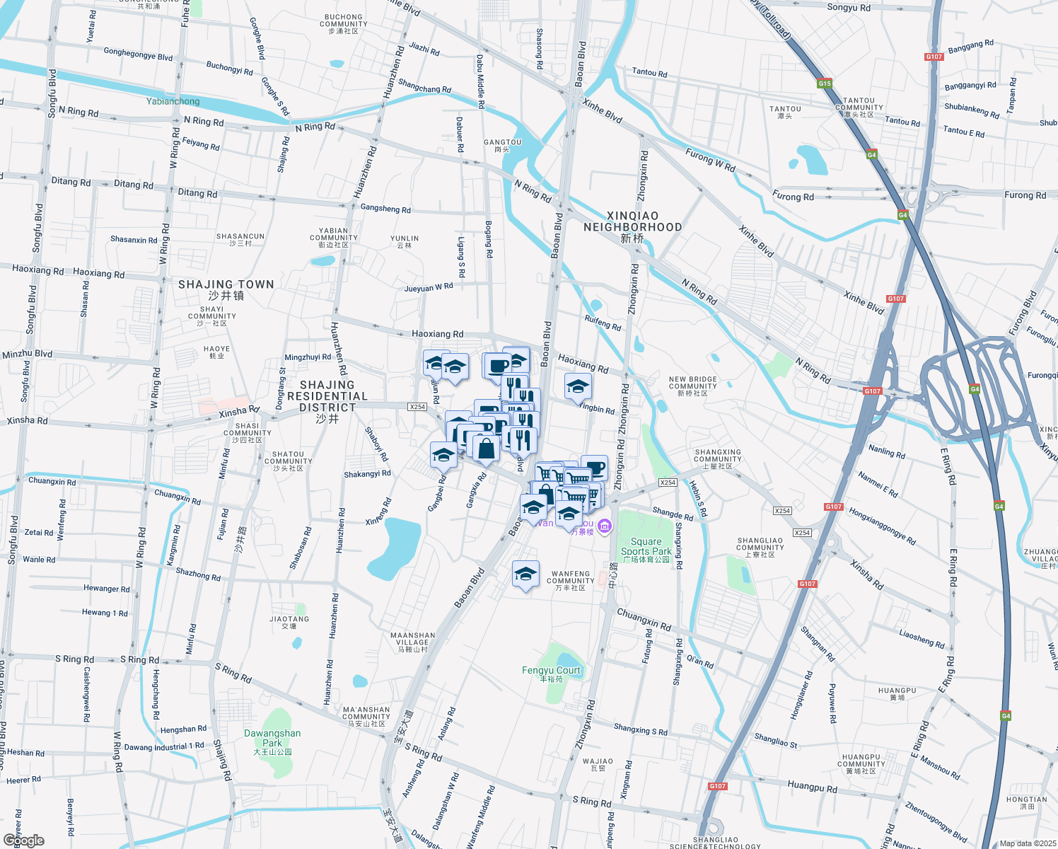 map of restaurants, bars, coffee shops, grocery stores, and more near Jin Gang Jie in Shen Zhen Shi