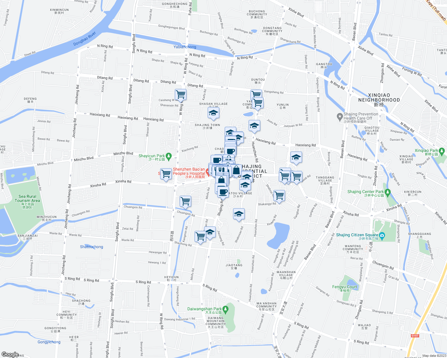 map of restaurants, bars, coffee shops, grocery stores, and more near Sha Jing Lu in Shen Zhen Shi