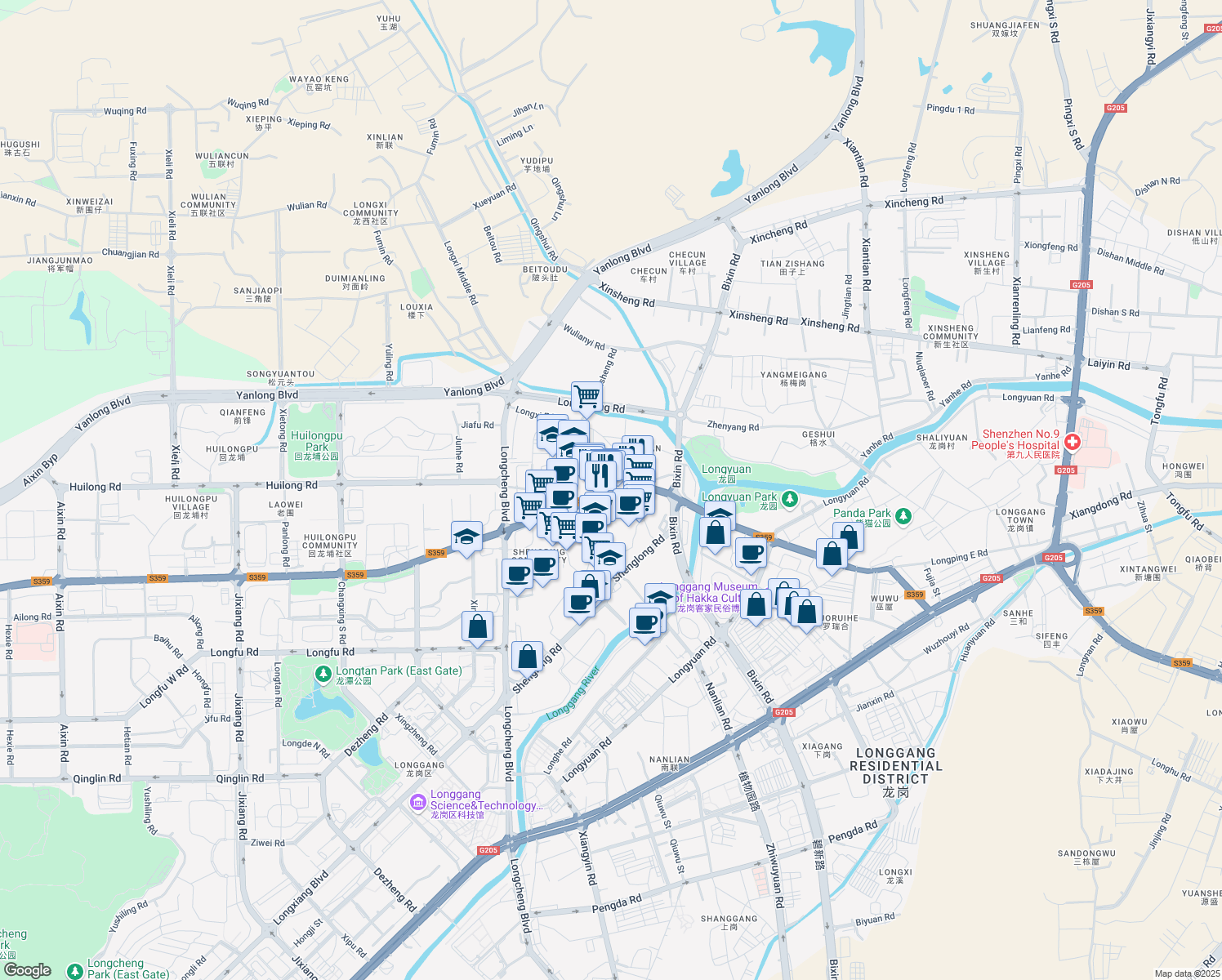 map of restaurants, bars, coffee shops, grocery stores, and more near 440-1 Long Ping Dong Lu in Shen Zhen Shi