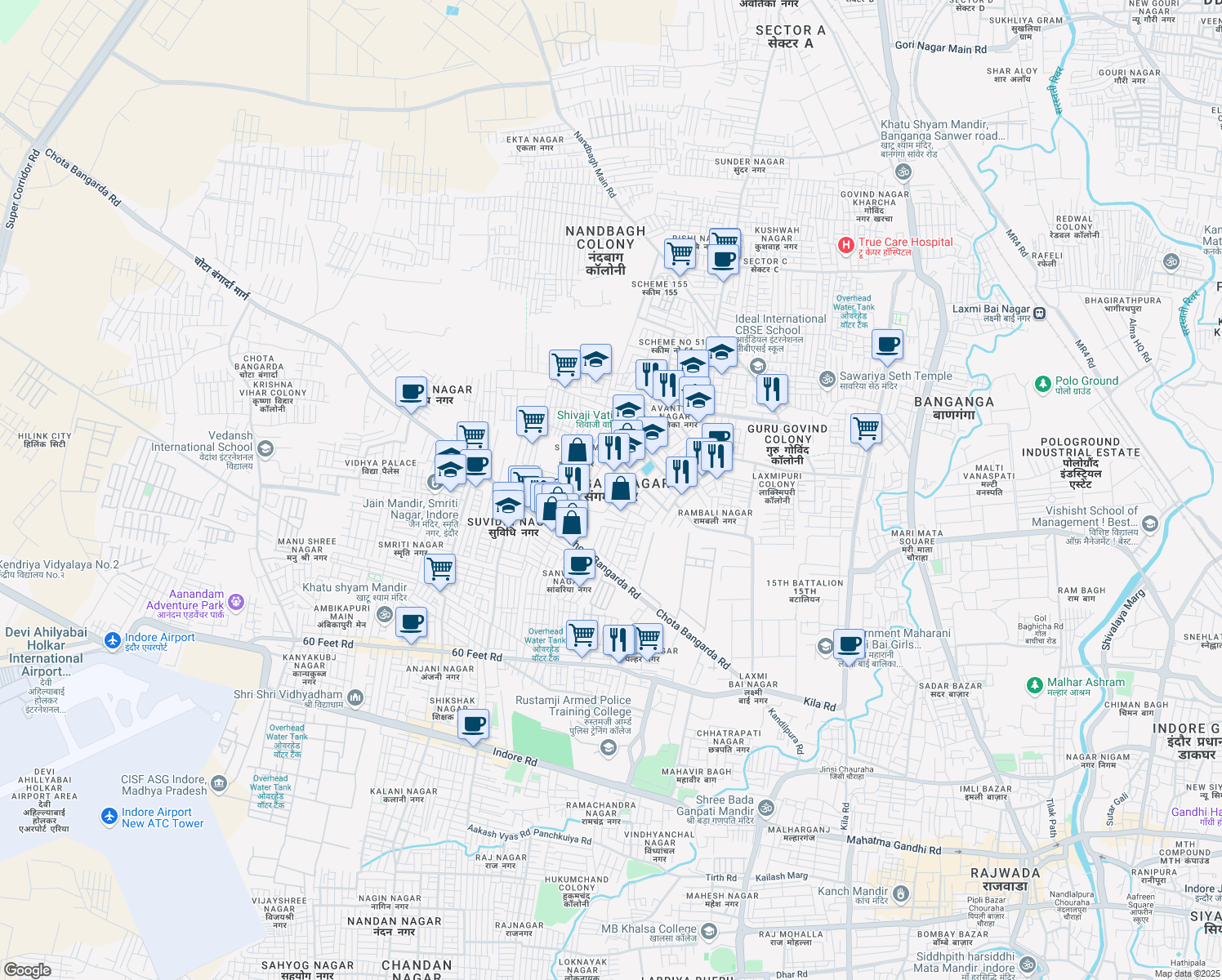 map of restaurants, bars, coffee shops, grocery stores, and more near in Indore