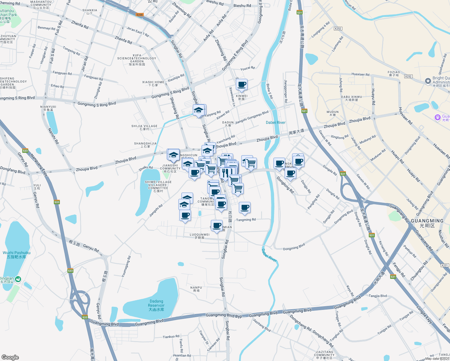 map of restaurants, bars, coffee shops, grocery stores, and more near Songbai Road in Shenzhen