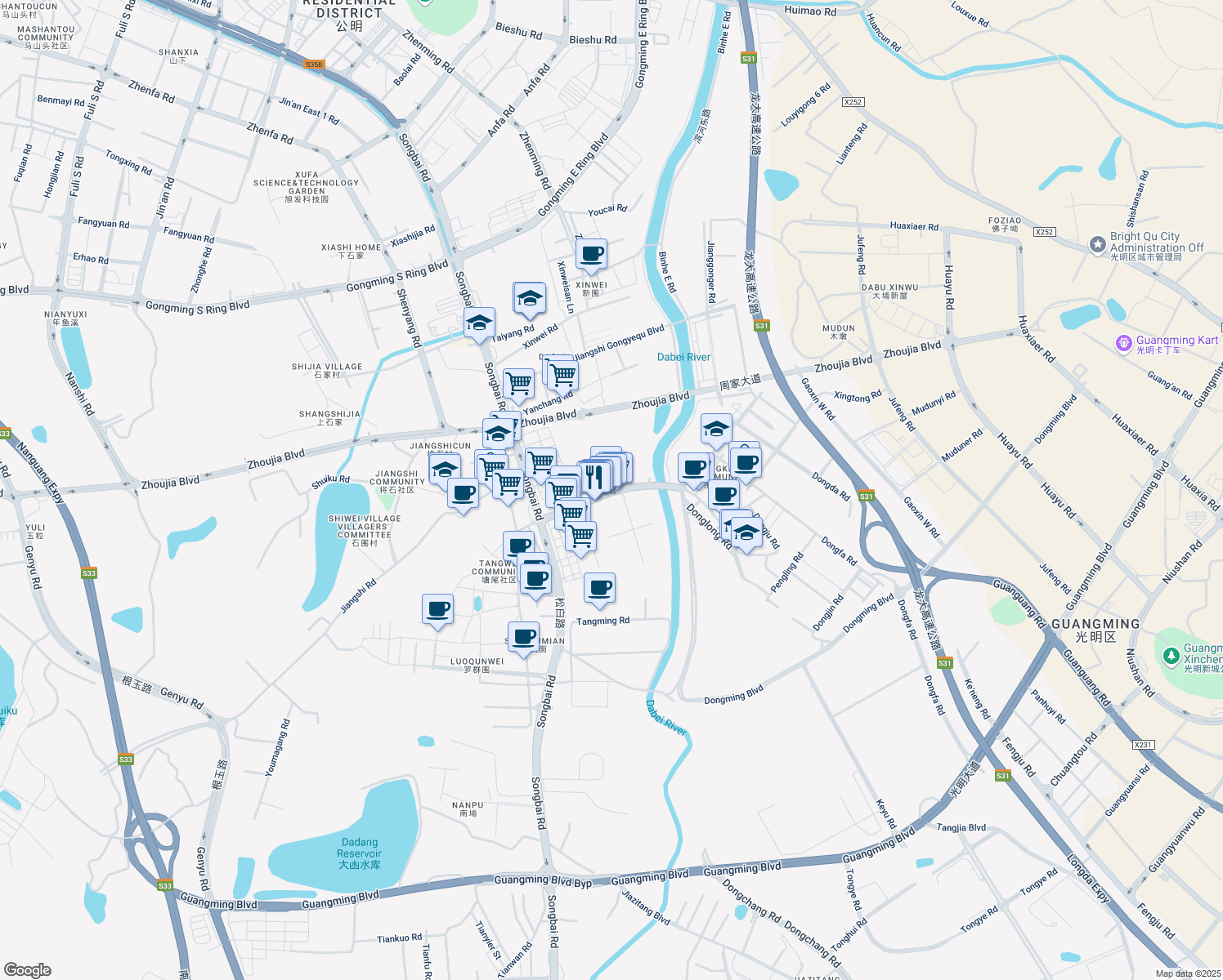 map of restaurants, bars, coffee shops, grocery stores, and more near Dong Long Lu in Shen Zhen Shi
