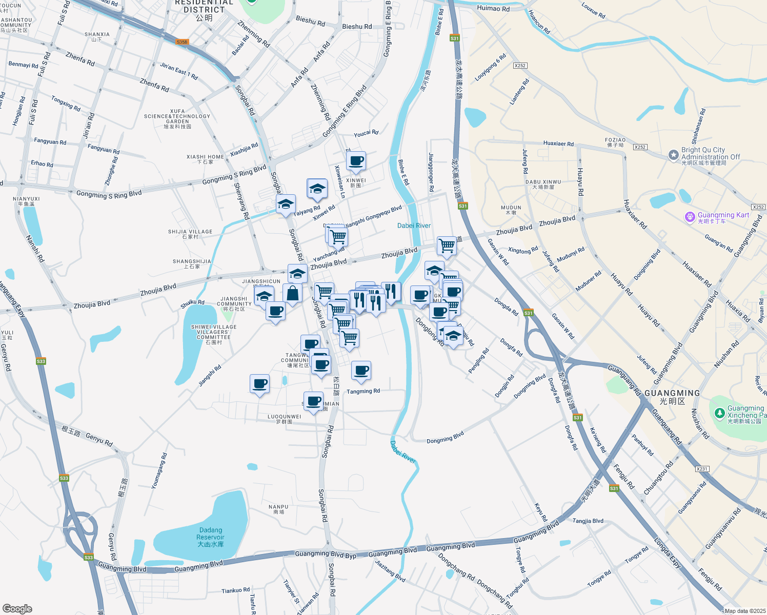 map of restaurants, bars, coffee shops, grocery stores, and more near Dong Long Lu in Shen Zhen Shi