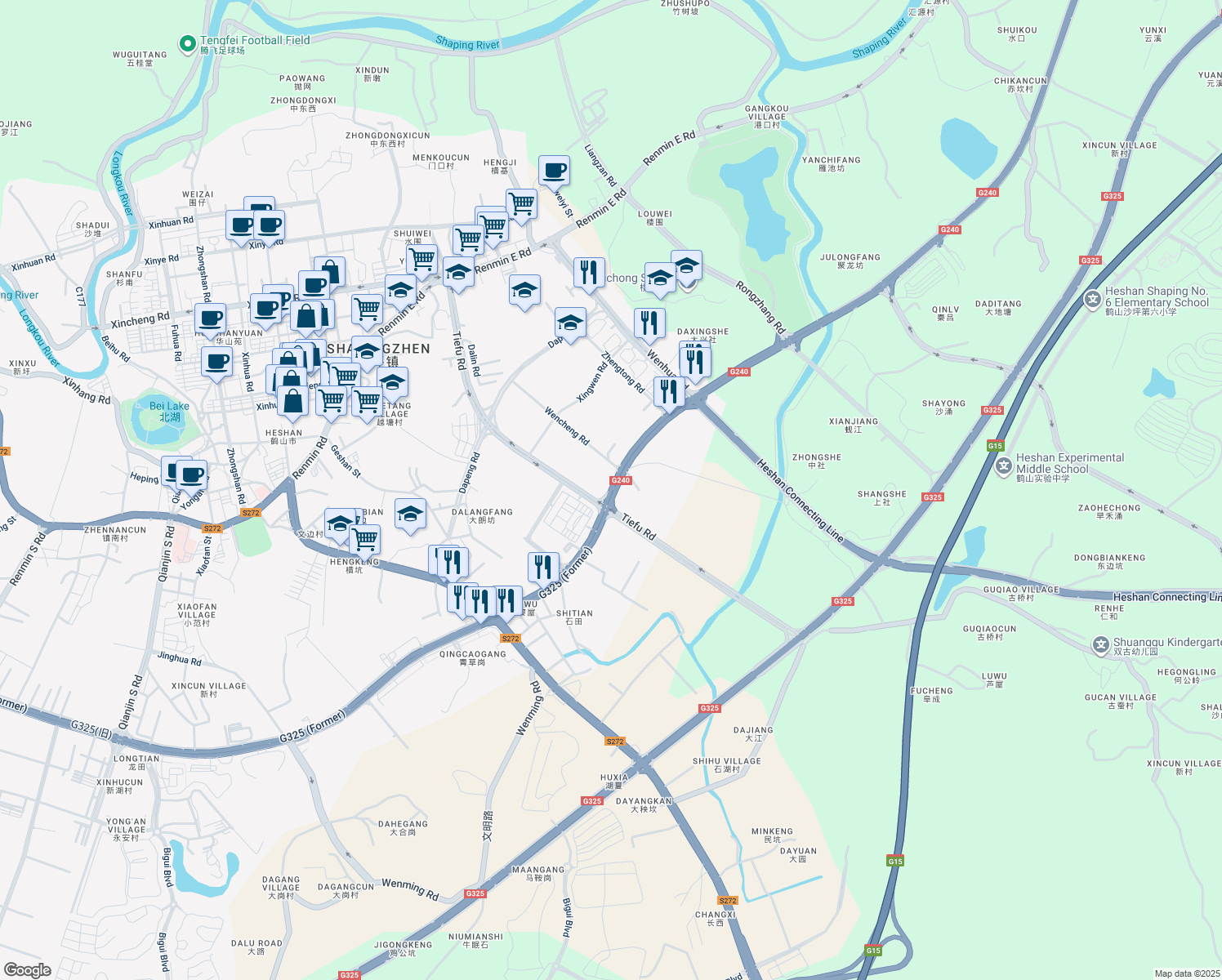 map of restaurants, bars, coffee shops, grocery stores, and more near Tie Fu Lu in Jiang Men Shi
