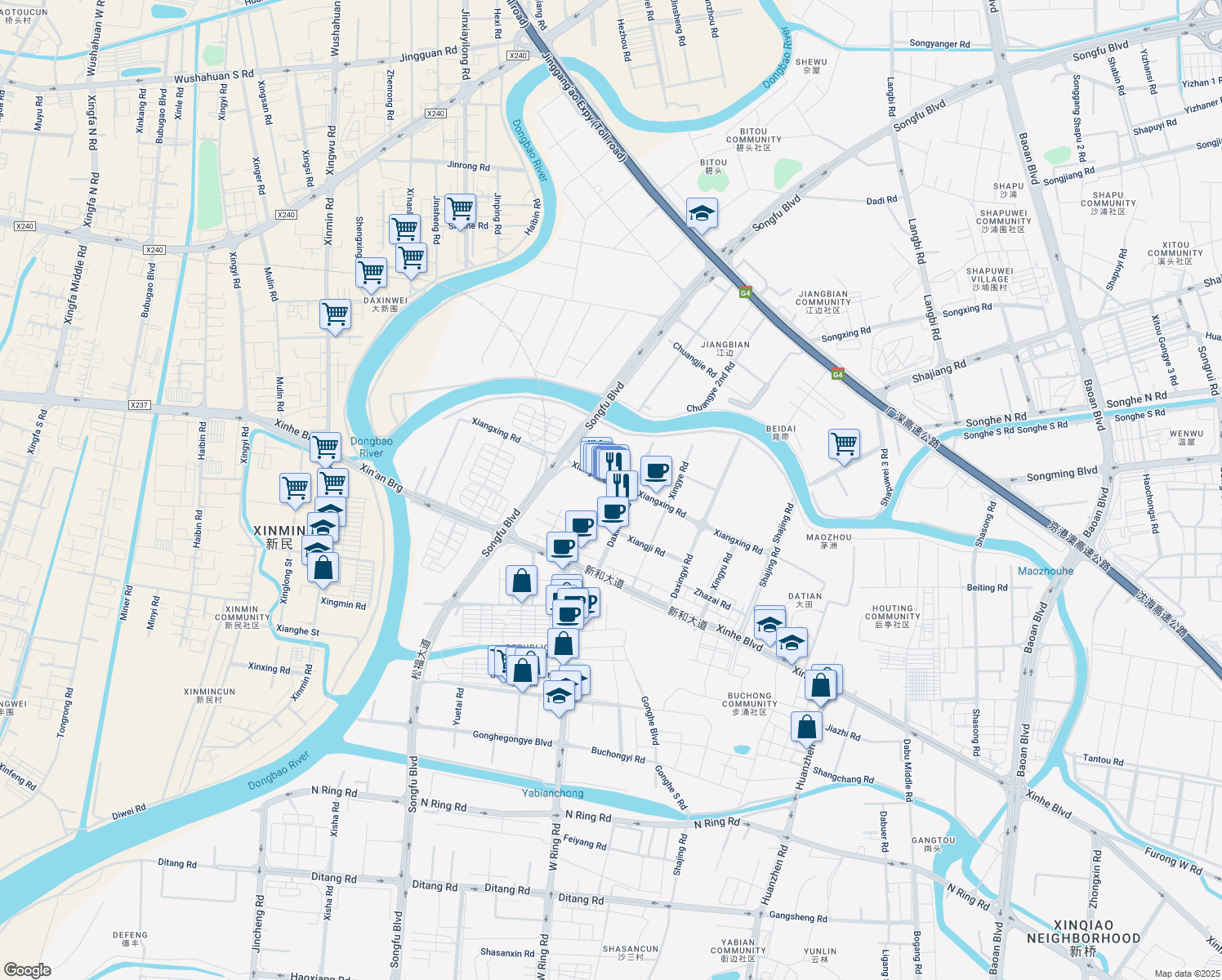 map of restaurants, bars, coffee shops, grocery stores, and more near Xiangxing Road in Shenzhen