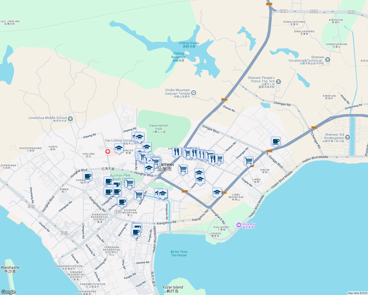 map of restaurants, bars, coffee shops, grocery stores, and more near Shan Wei Da Dao Nan in Shan Wei Shi